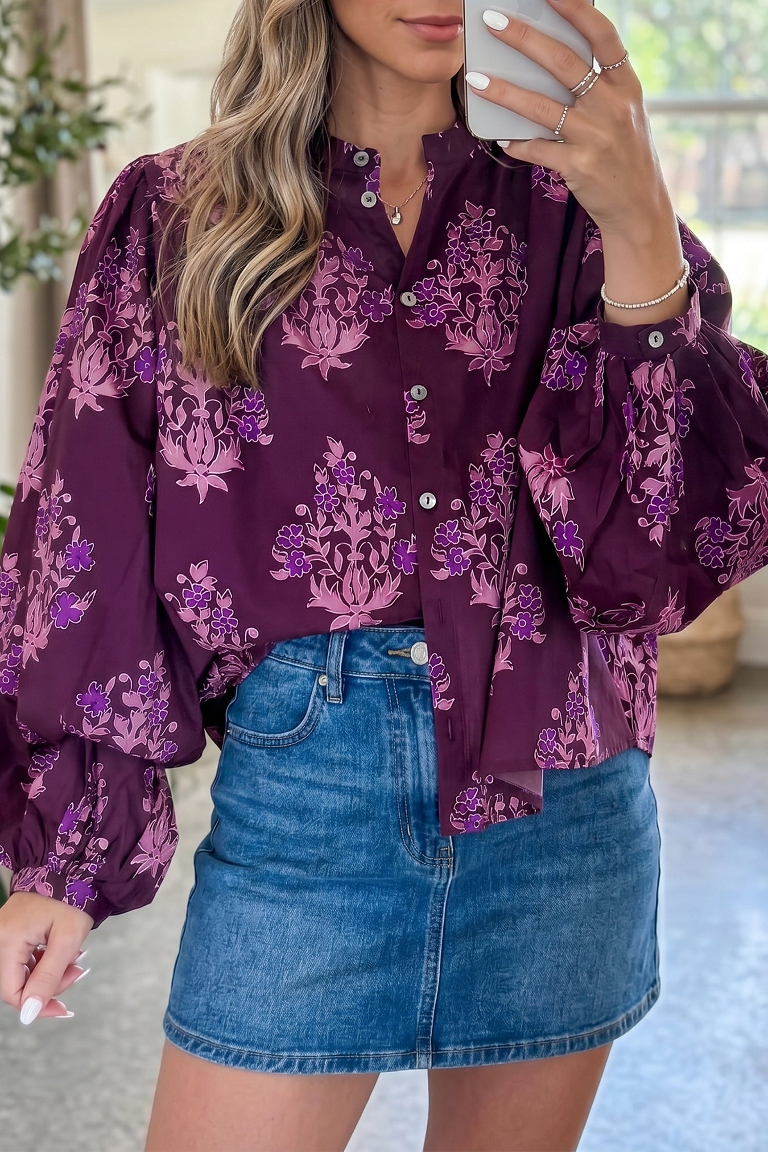 Purple Floral Print Button-Up Long Puff Sleeve Loose Shirt-Tops/Blouses & Shirts-[Adult]-[Female]-Purple-S-2022 Online Blue Zone Planet
