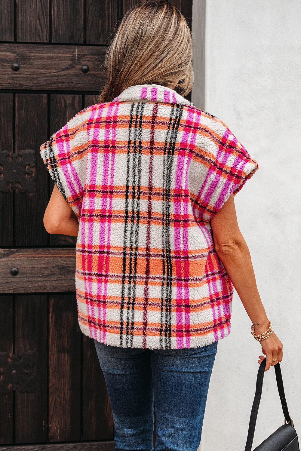 Rose Sherpa Plaid Jacket Vest-Outerwear/Vests-[Adult]-[Female]-2022 Online Blue Zone Planet