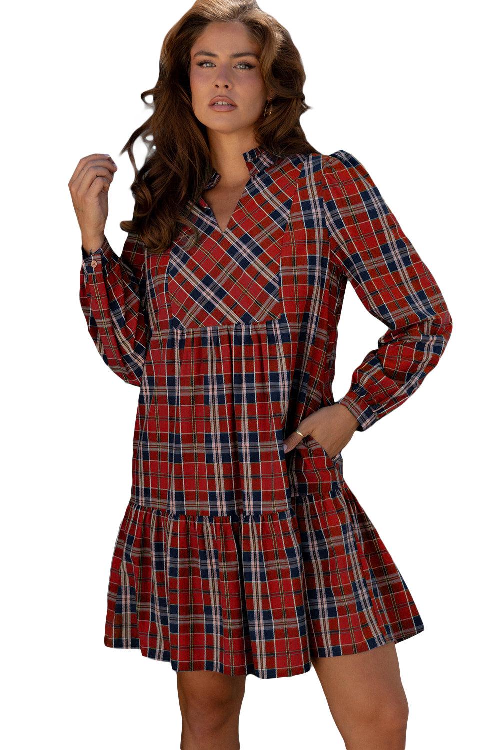 Red Plaid Print Frilly Collar Long Sleeve Shift Mini Dress-TOPS / DRESSES-[Adult]-[Female]-2022 Online Blue Zone Planet