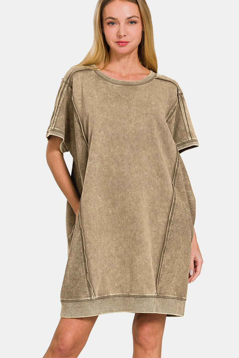 Zenana Washed Exposed Seam Mini Tee Dress-TOPS / DRESSES-[Adult]-[Female]-MOCHA-S/M-2022 Online Blue Zone Planet