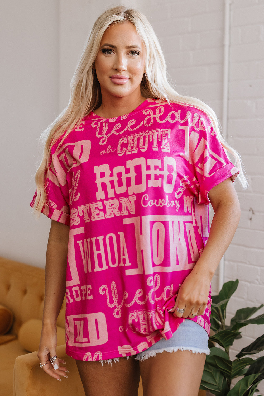 Rose Howdy Cowboy Letter Printed Western Fashion Tee-Tops/Tops & Tees-[Adult]-[Female]-2022 Online Blue Zone Planet