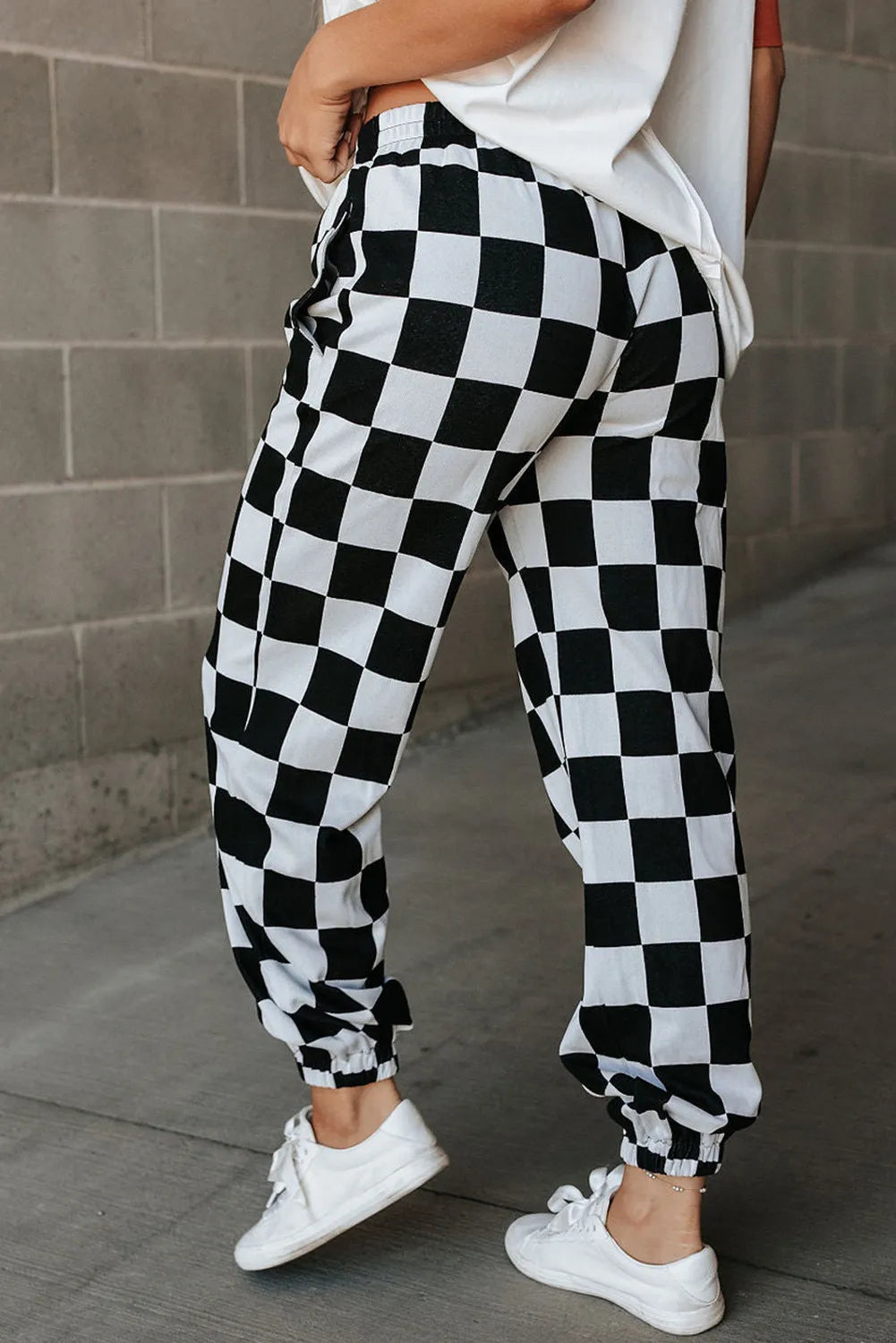 Checkered Elastic Waist Joggers-BOTTOMS SIZES SMALL MEDIUM LARGE-[Adult]-[Female]-2022 Online Blue Zone Planet