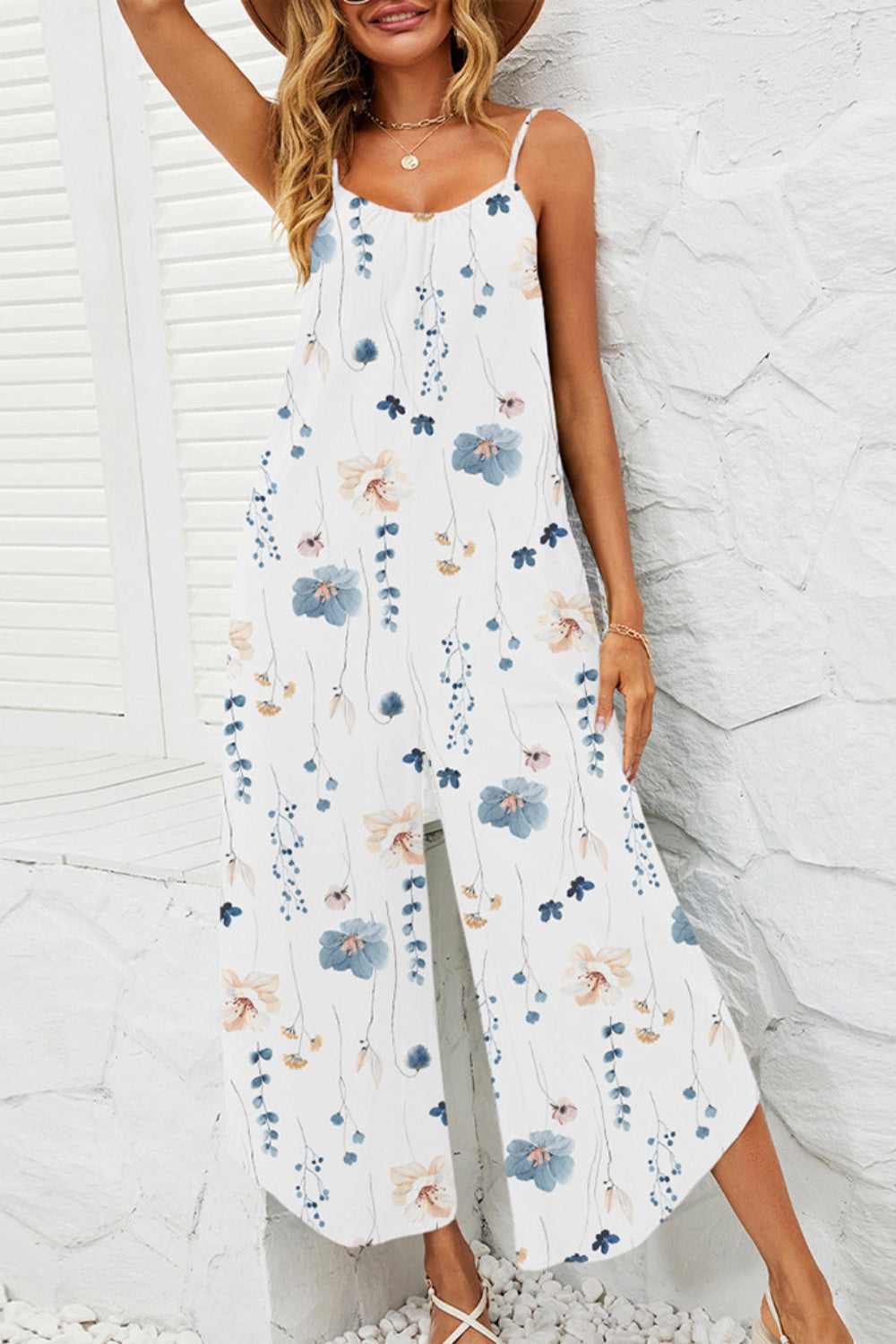 Printed Scoop Neck Wide Leg Jumpsuit-TOPS / DRESSES-[Adult]-[Female]-White-S-2022 Online Blue Zone Planet