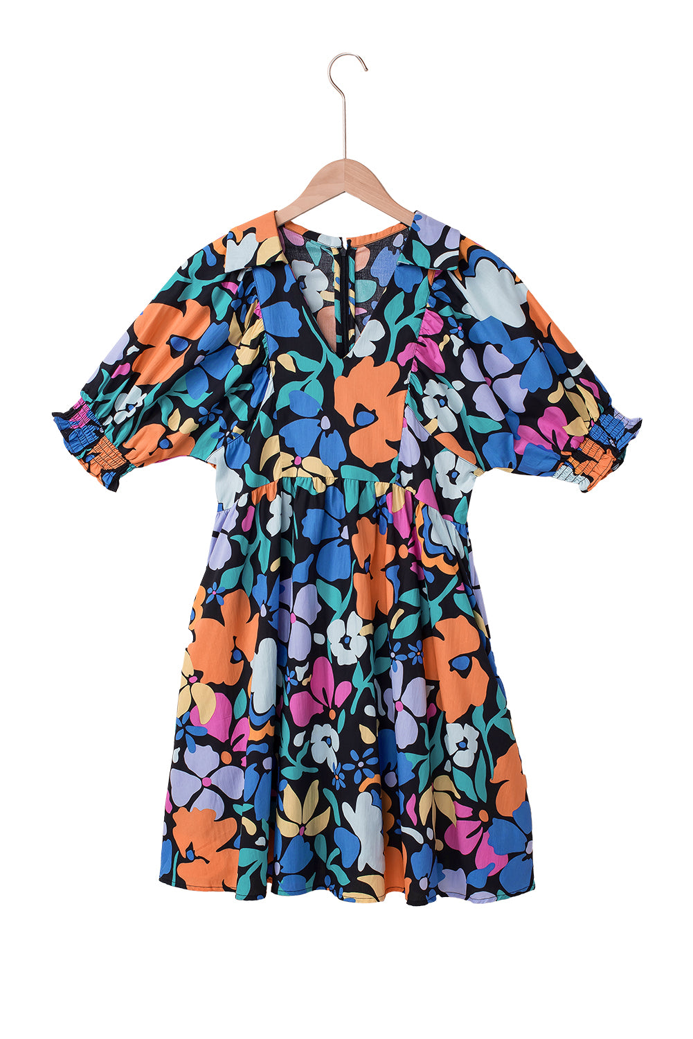 Blue Collared Split Neck Floral Flared Dress-TOPS / DRESSES-[Adult]-[Female]-2022 Online Blue Zone Planet