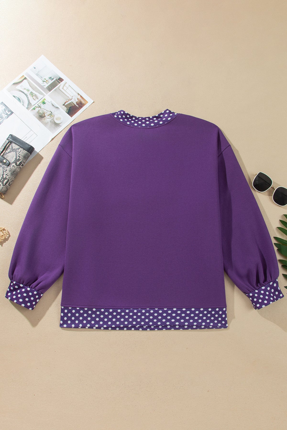 Tillandsia Purple Polka Dot Patchwork Round Neck Plus Size Sweatshirt