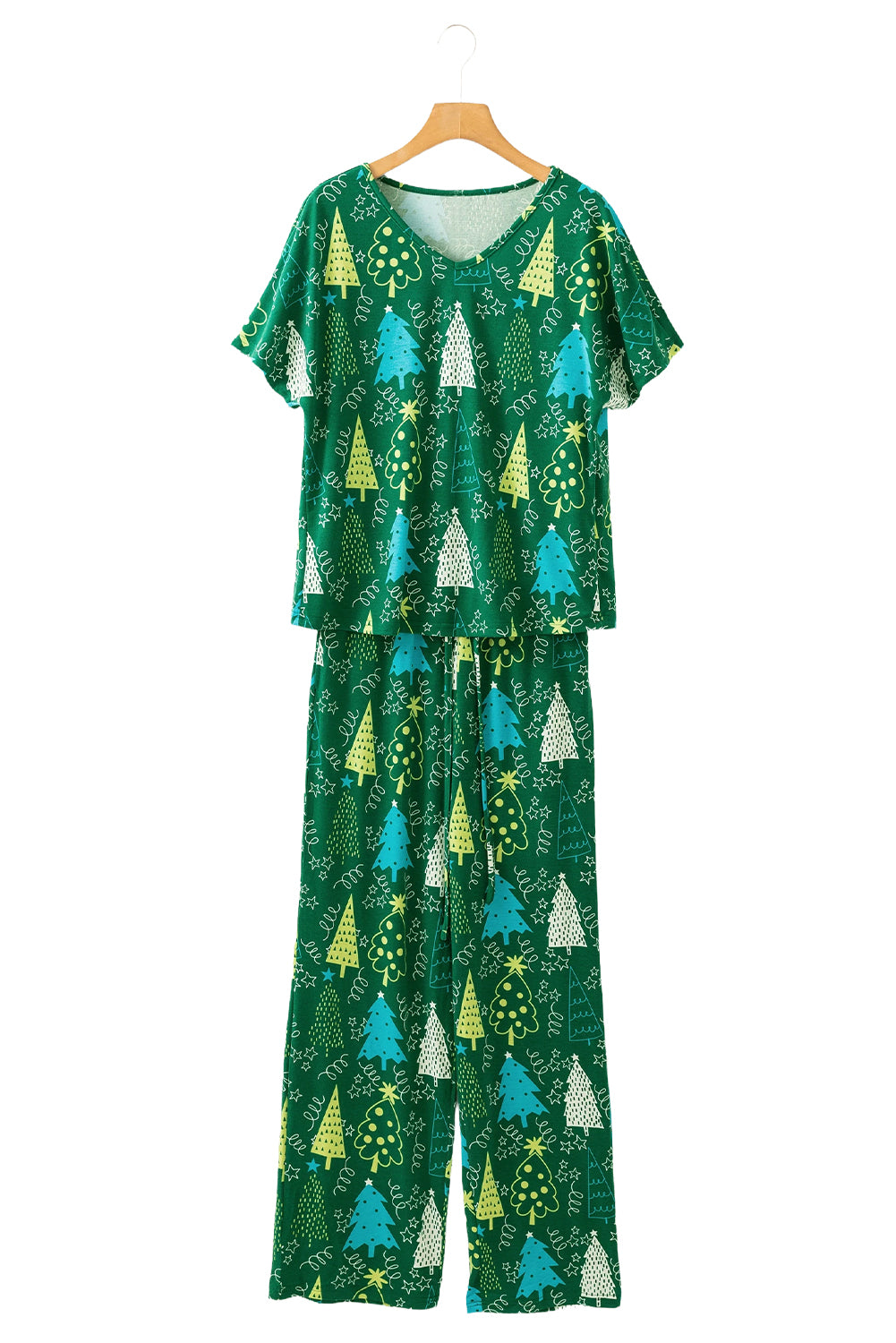 Green Christmas Tree Print V Neck Tee and Pants Pajama Set-Loungewear Set-[Adult]-[Female]-2022 Online Blue Zone Planet