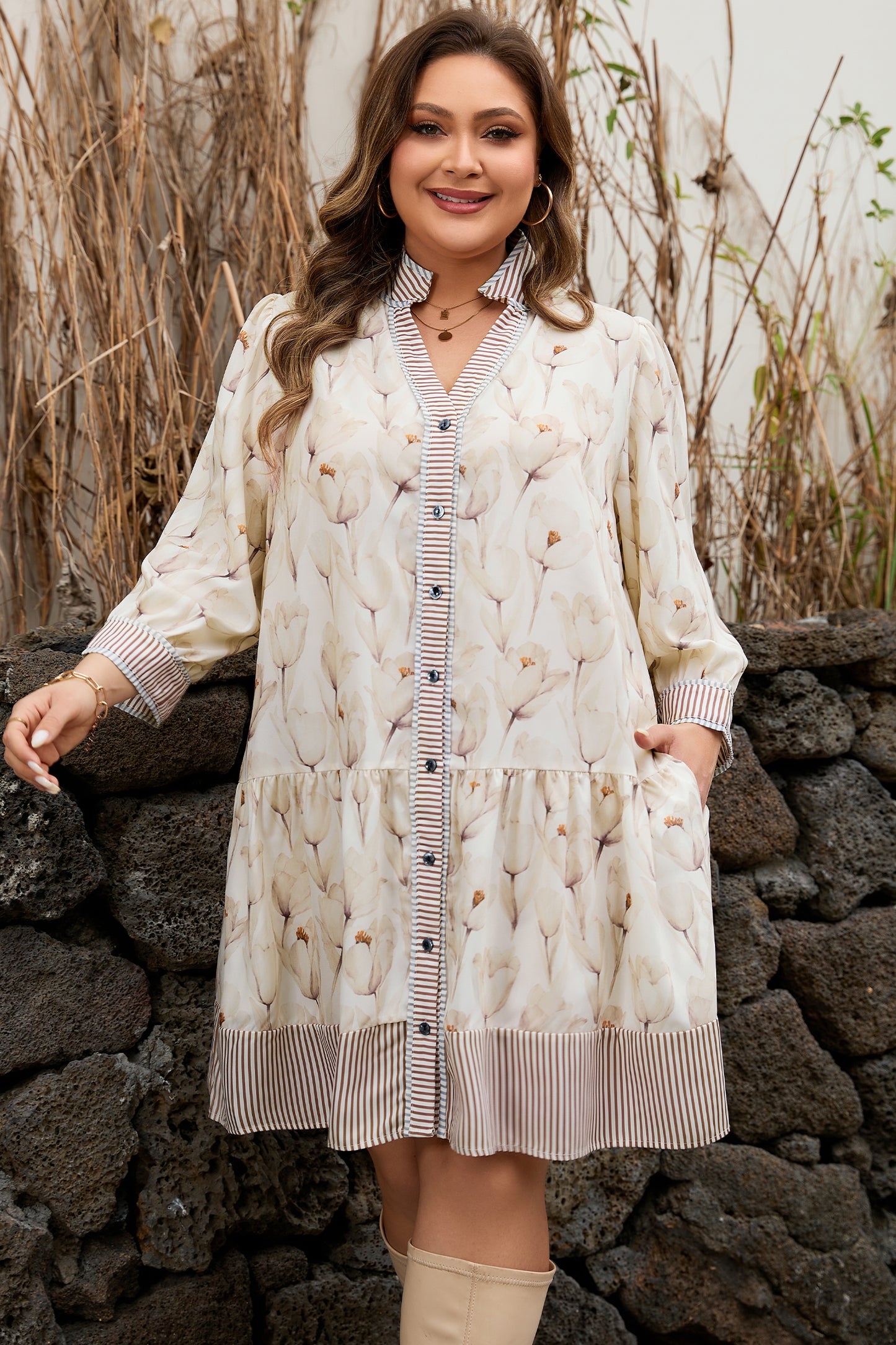 Khaki Plus Size Floral Print Striped Trim Patchwork Button Down A-line Dress-TOPS / DRESSES-[Adult]-[Female]-2022 Online Blue Zone Planet