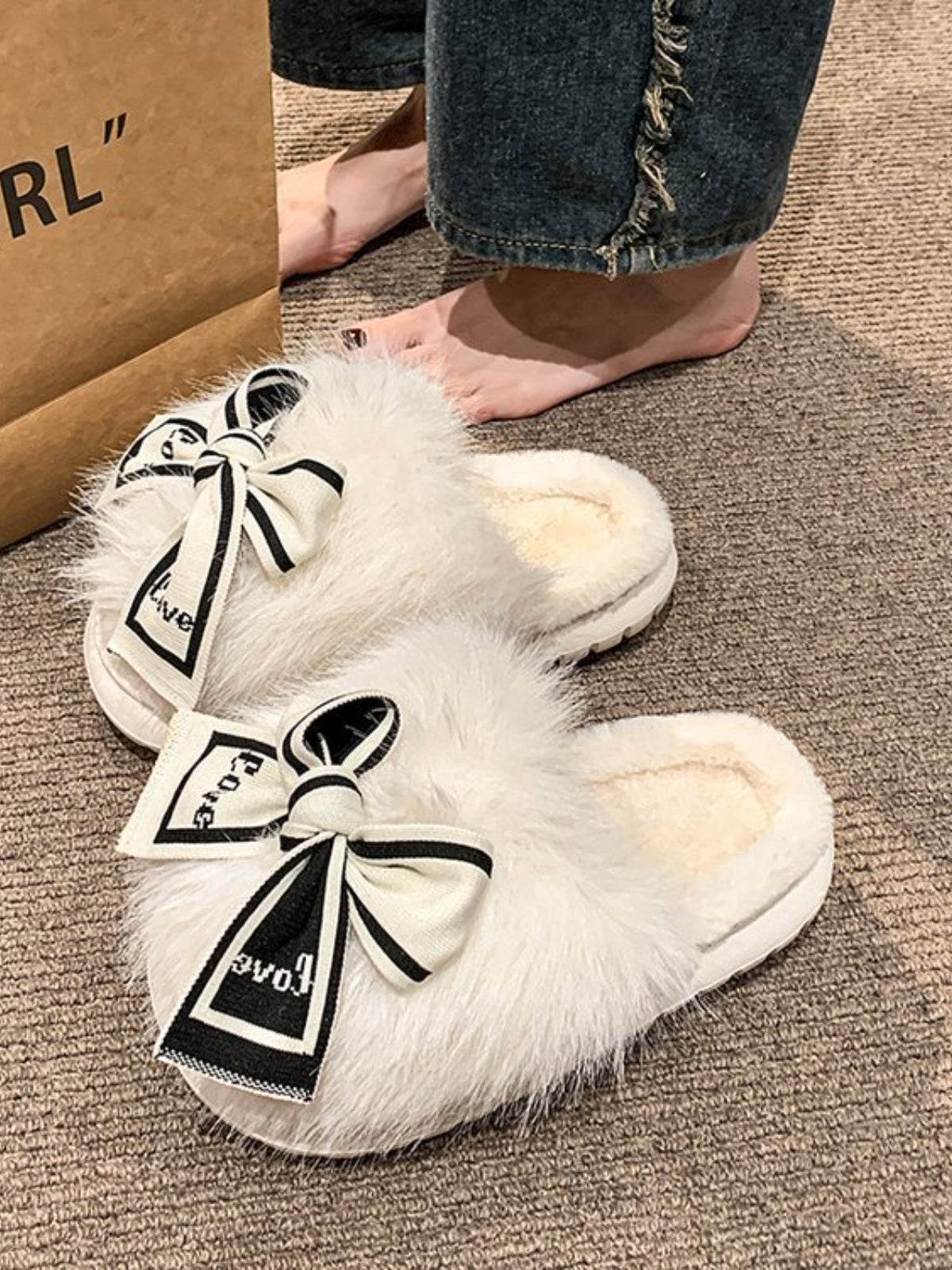 Bow Furry Round Toe Slippers-SLIPPERS-[Adult]-[Female]-White-36(US5)-2022 Online Blue Zone Planet