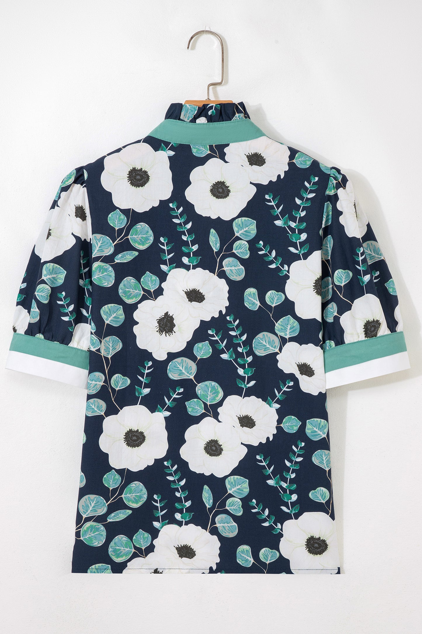 Blue Floral Print Striped Patchwork V Neck Short Sleeve Blouse-Tops/Blouses & Shirts-[Adult]-[Female]-2022 Online Blue Zone Planet