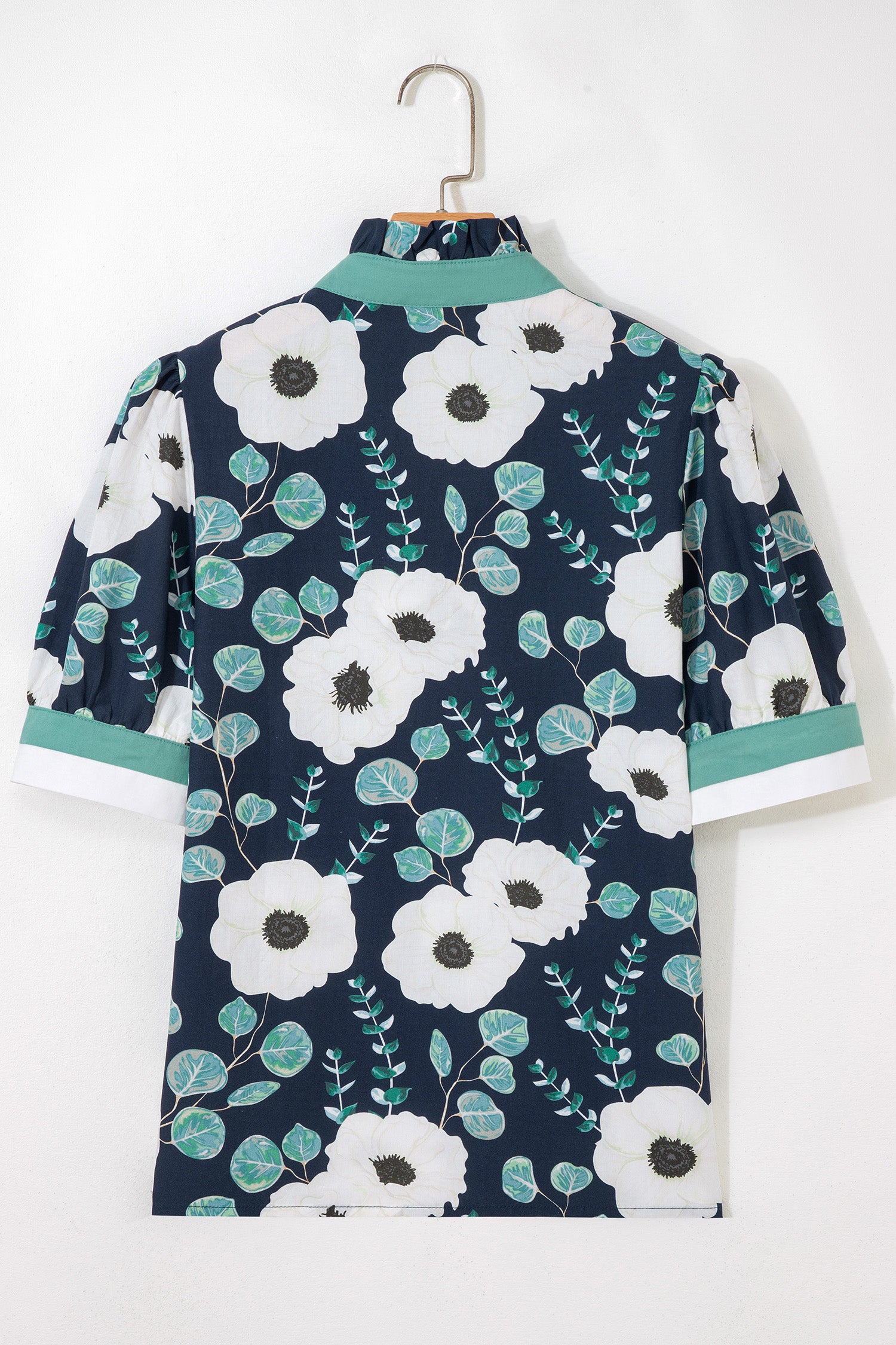 Blue Floral Print Striped Patchwork V Neck Short Sleeve Blouse-Tops/Blouses & Shirts-[Adult]-[Female]-2022 Online Blue Zone Planet