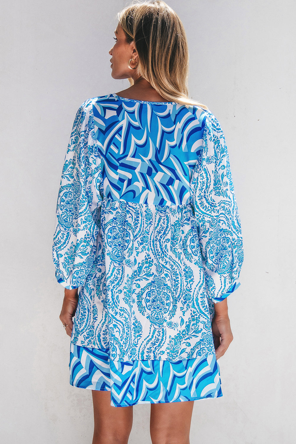 Sky Blue Bohemian Print Puff Sleeve Tied V Neck Flared Mini Dress-Dresses/Mini Dresses-[Adult]-[Female]-2022 Online Blue Zone Planet