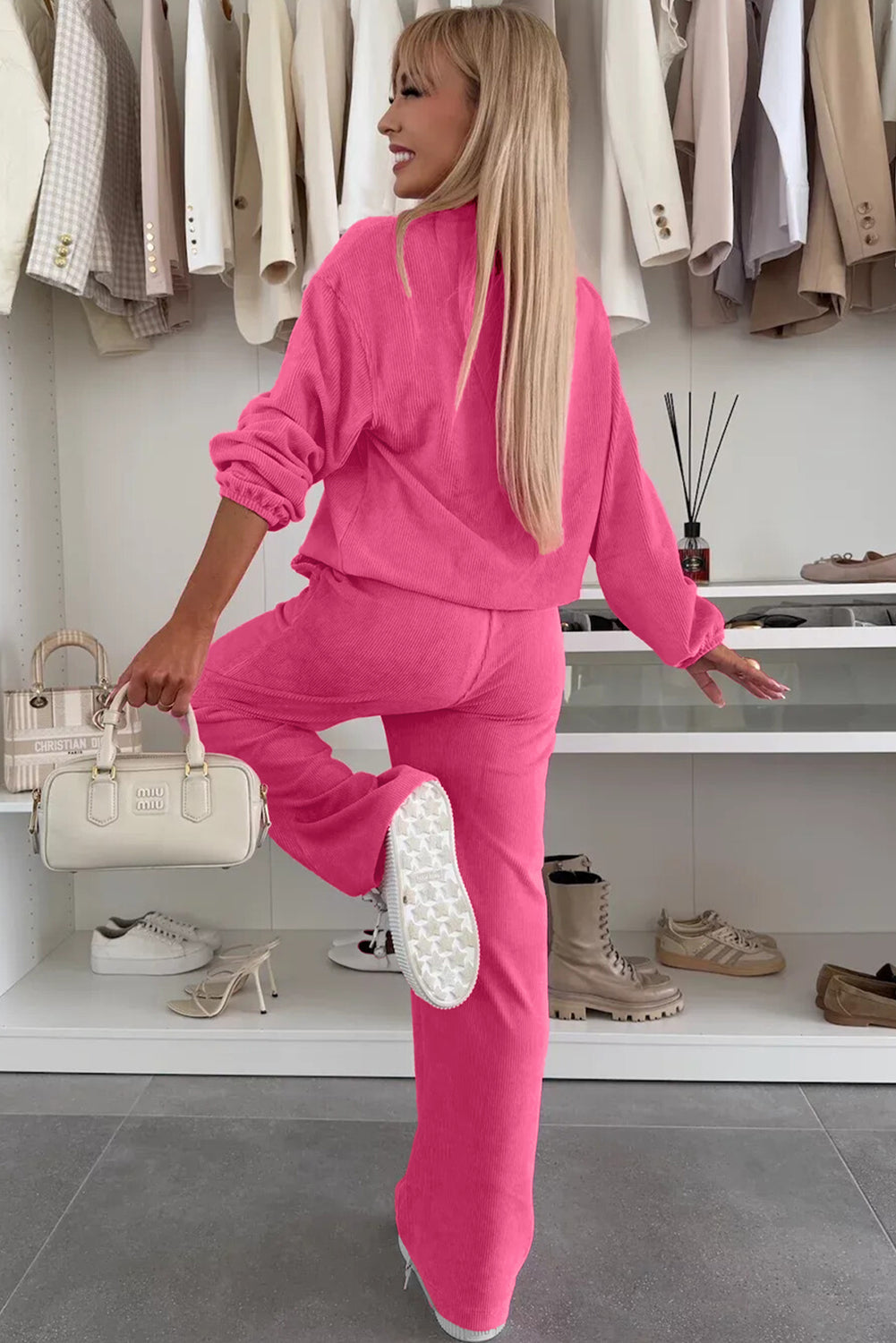 Peach Blossom Half Button Pullover Drawstring Pants Solid Color Corduroy 2pcs Outfit-Two Piece Sets/Pant Sets-[Adult]-[Female]-2022 Online Blue Zone Planet