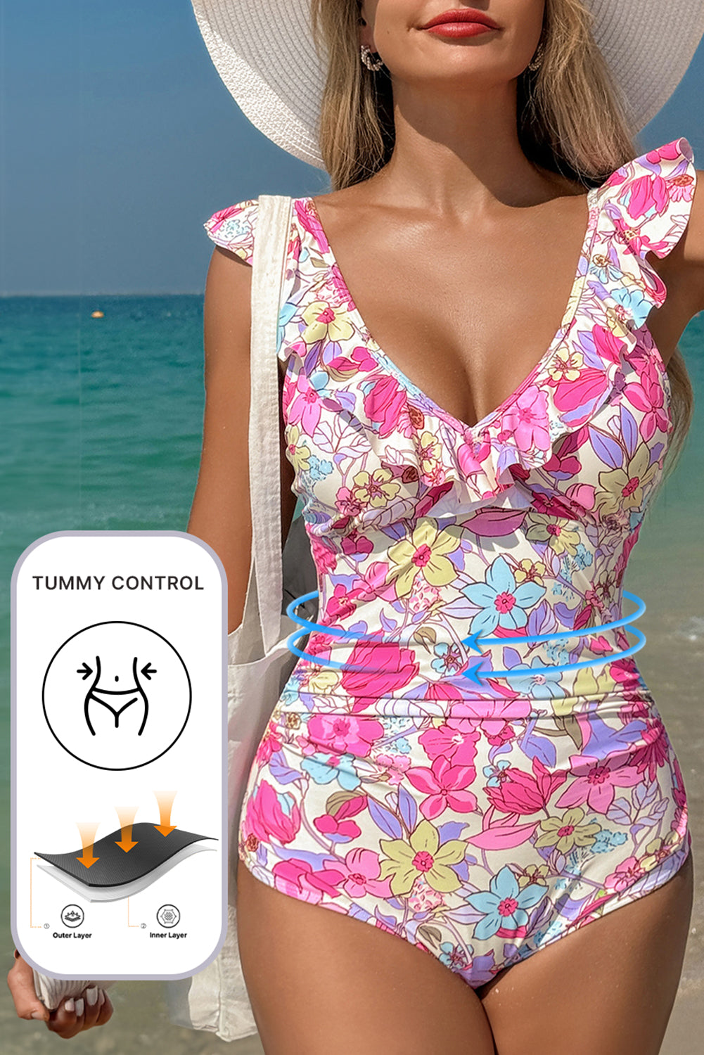 Pink Floral Ruffle Trim V Neck Lace-up Back Tummy Control One Piece Swimsuit-Swimwear/One Piece Swimsuit-[Adult]-[Female]-2022 Online Blue Zone Planet