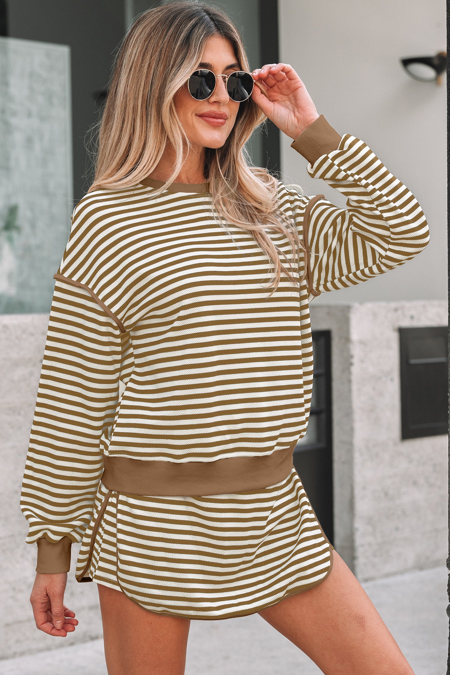 Brown Stripe Textured Drop Shoulder Pullover Top Drawstring Mini Skirt Two Piece Dress Set-TOPS / DRESSES-[Adult]-[Female]-2022 Online Blue Zone Planet