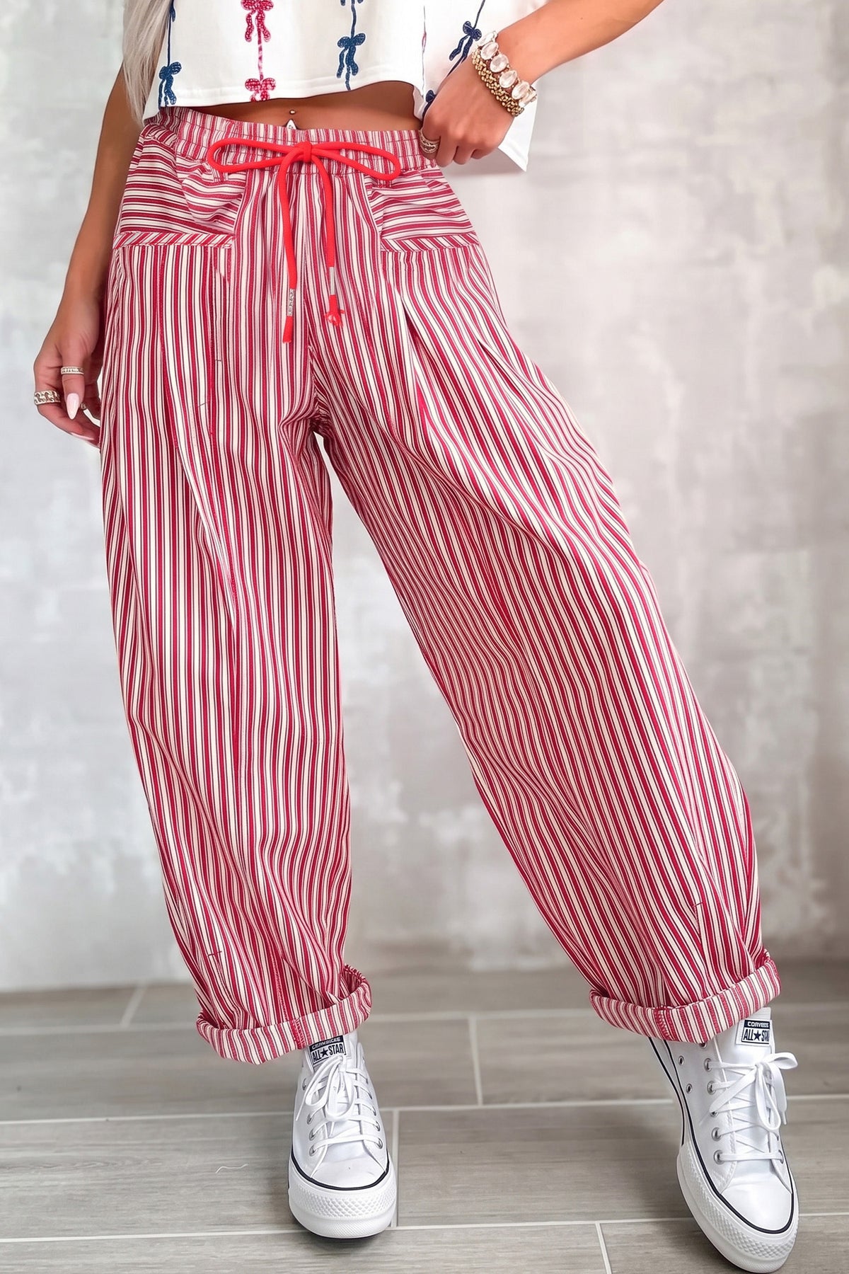 Red Stripe Drawstring Casual Loose Pants-Bottoms/Pants & Culotte-[Adult]-[Female]-Red Stripe-4-2022 Online Blue Zone Planet