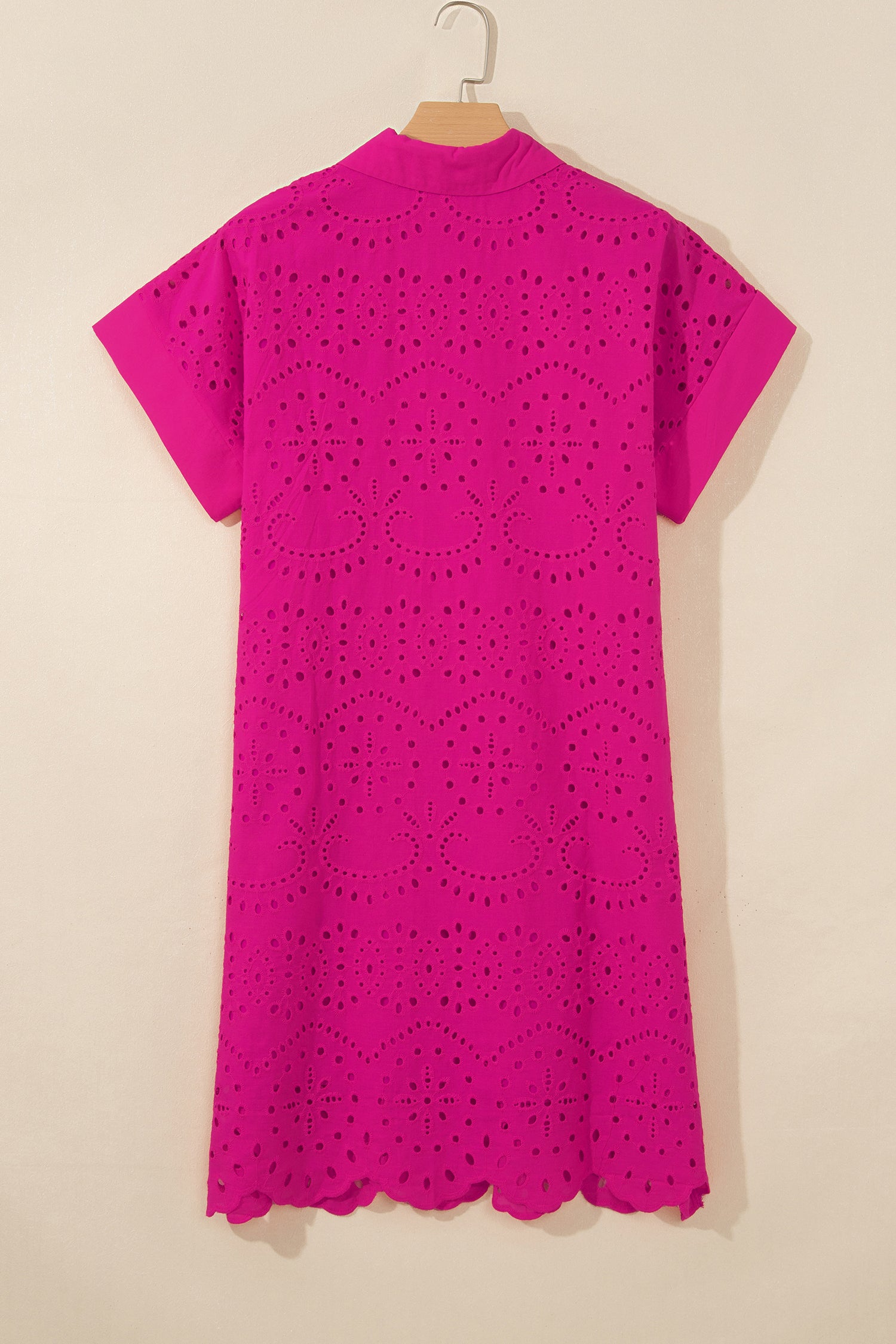 Rose Red Solid Color Eyelet Embroidered T Shirt Mini Dress-TOPS / DRESSES-[Adult]-[Female]-2022 Online Blue Zone Planet