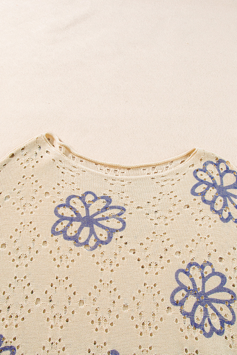 Beige Contrast Flower Print Eyelet Drop Shoulder Sweater-Sweaters & Cardigans/Sweaters-[Adult]-[Female]-2022 Online Blue Zone Planet