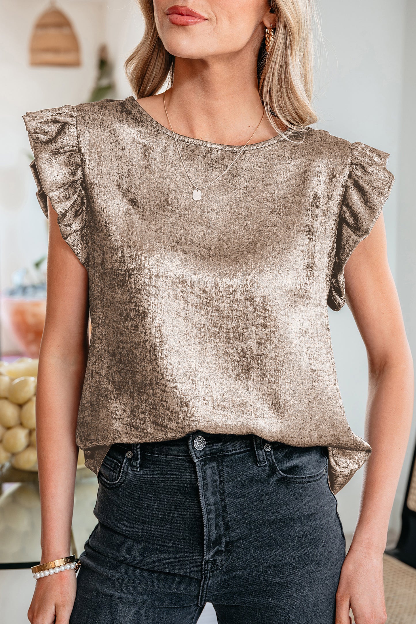 Gold Metallic Round Neck Ruffle Trim Sleeveless Top-Tops/Tank Tops-[Adult]-[Female]-2022 Online Blue Zone Planet