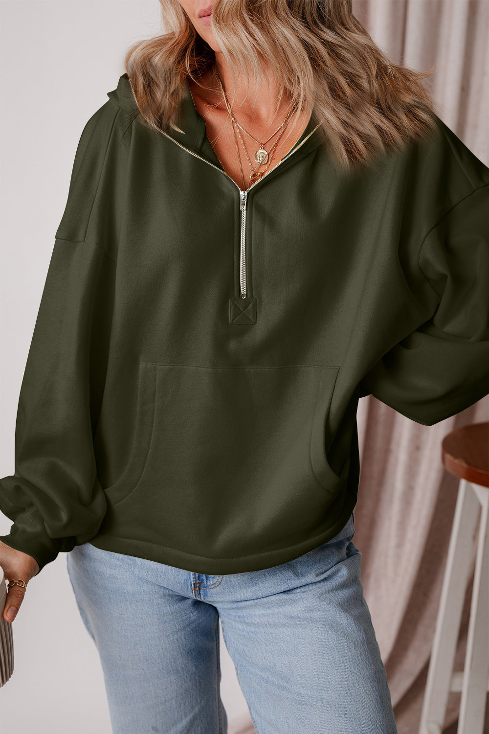 Pocketed Half Zip Dropped Shoulder Hoodie-HOODIES-[Adult]-[Female]-Army Green-S-2022 Online Blue Zone Planet