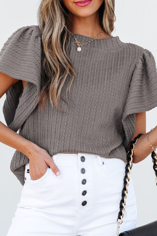 Textured Round Neck Flounce Sleeve Blouse-TOPS / DRESSES-[Adult]-[Female]-Gray-S-2022 Online Blue Zone Planet