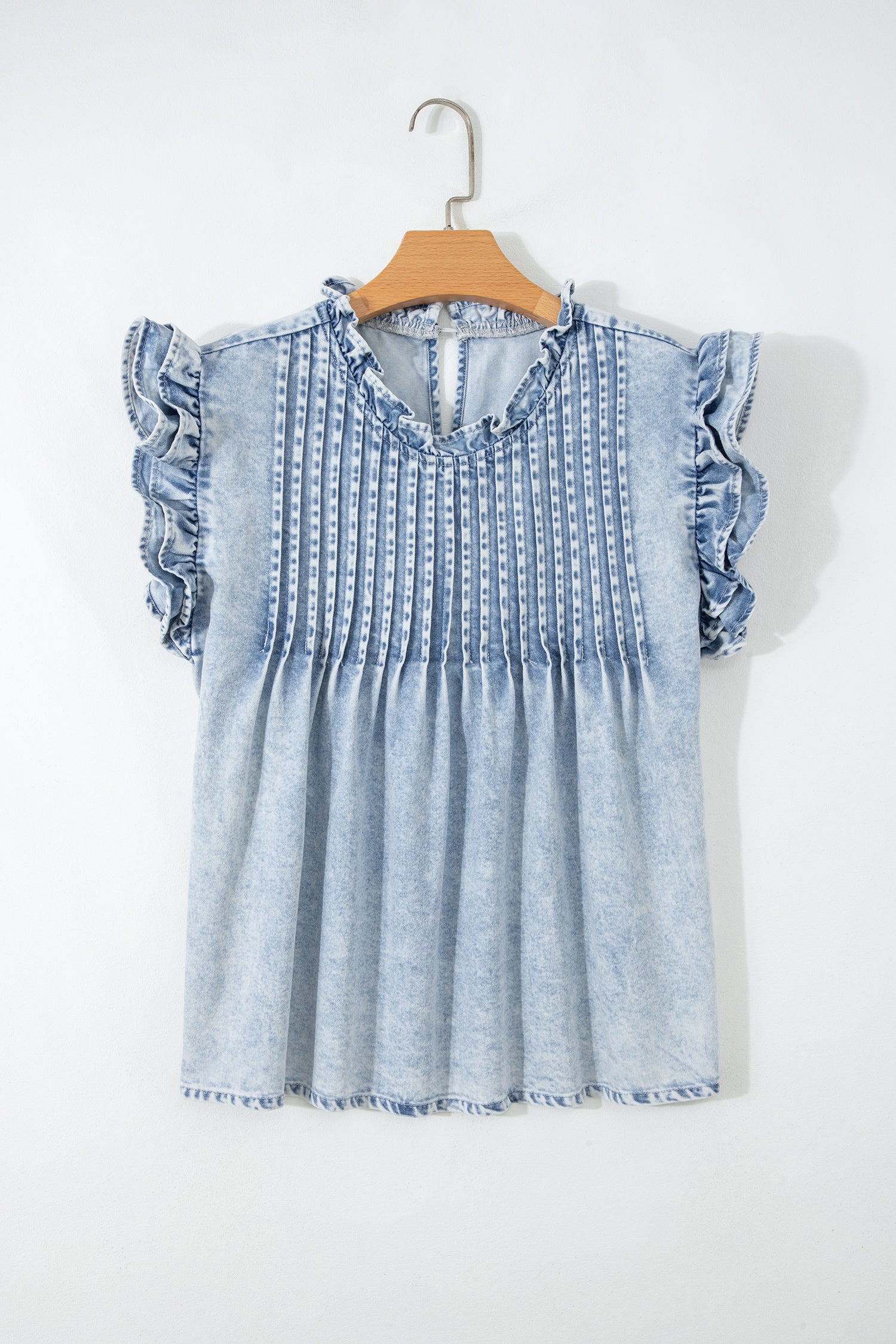 Beau Blue Ruffle Pleated Detail Vintage Washed Denim Top-Tops/Tops & Tees-[Adult]-[Female]-2022 Online Blue Zone Planet