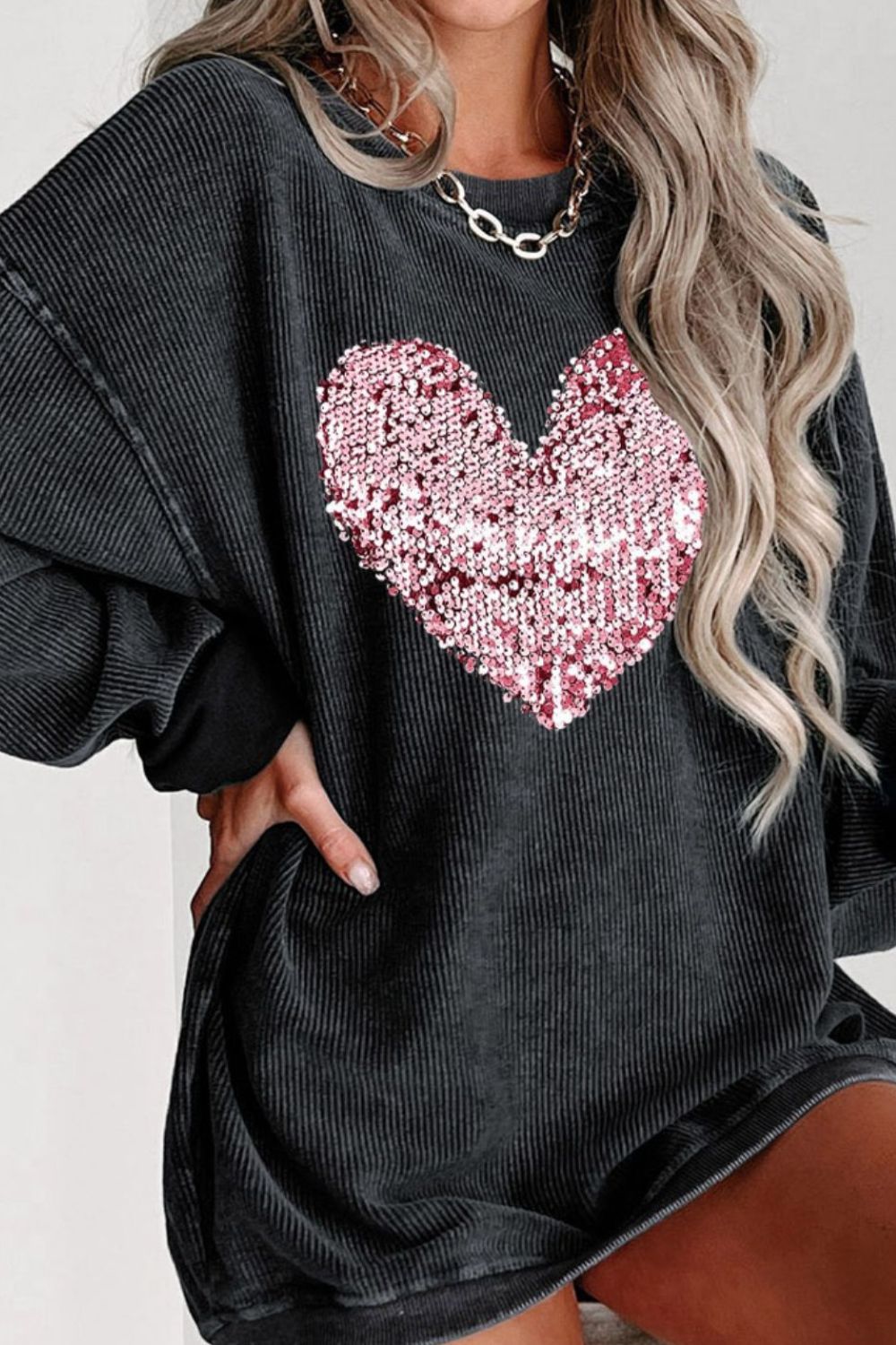 Valentine’s Day Sequin Heart Round Neck Long Sleeve Sweatshirt-TOPS / DRESSES-[Adult]-[Female]-2022 Online Blue Zone Planet