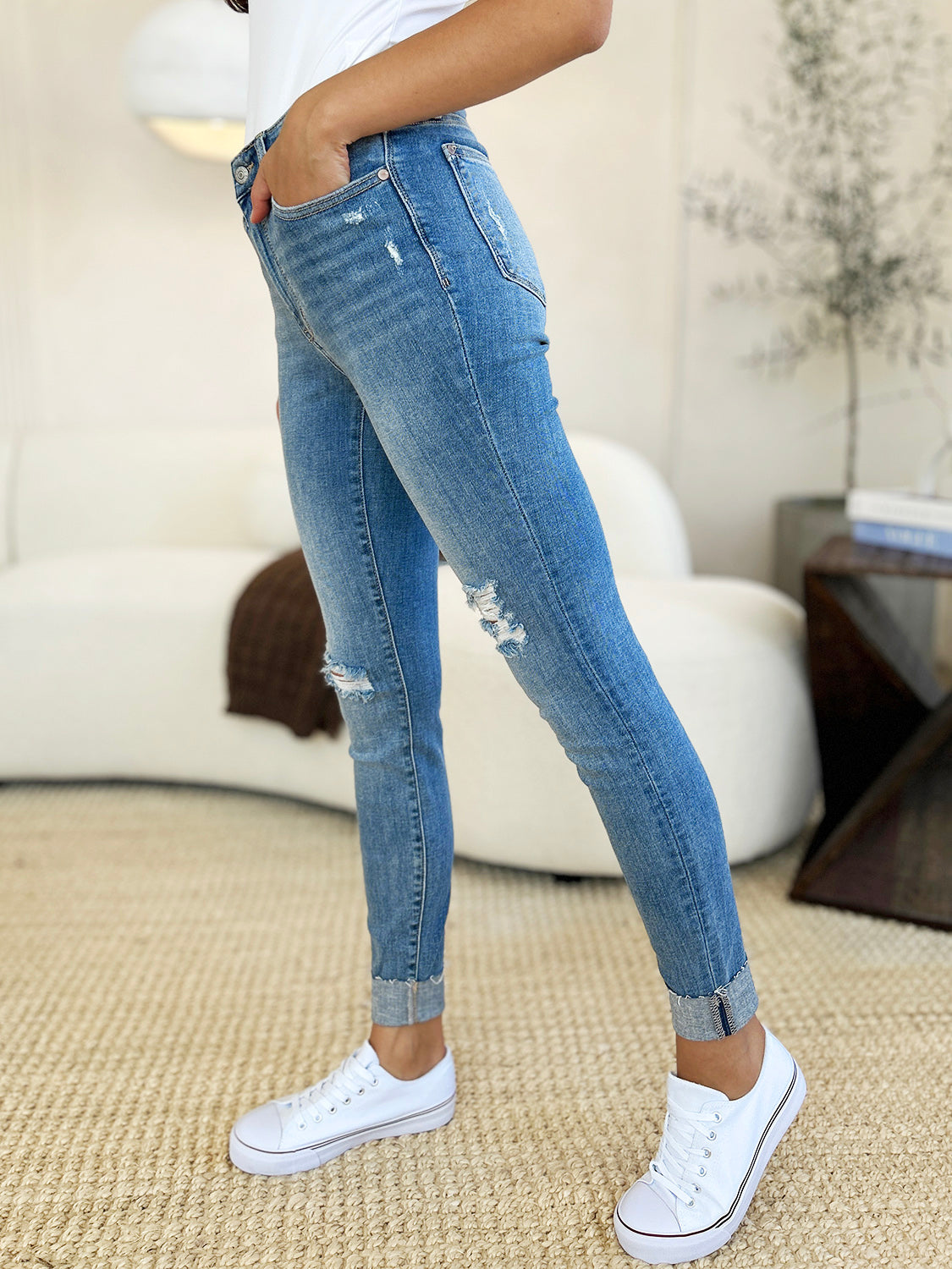 Blue Zone Planet | Judy Blue Full Size Mid Rise Destroy & Cuff Skinny Jeans-TOPS / DRESSES-[Adult]-[Female]-2022 Online Blue Zone Planet