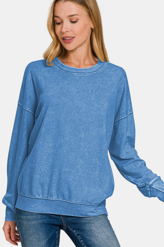 Zenana Washed Round Neck Dropped Shoulder Sweatshirt-TOPS / DRESSES-[Adult]-[Female]-2022 Online Blue Zone Planet