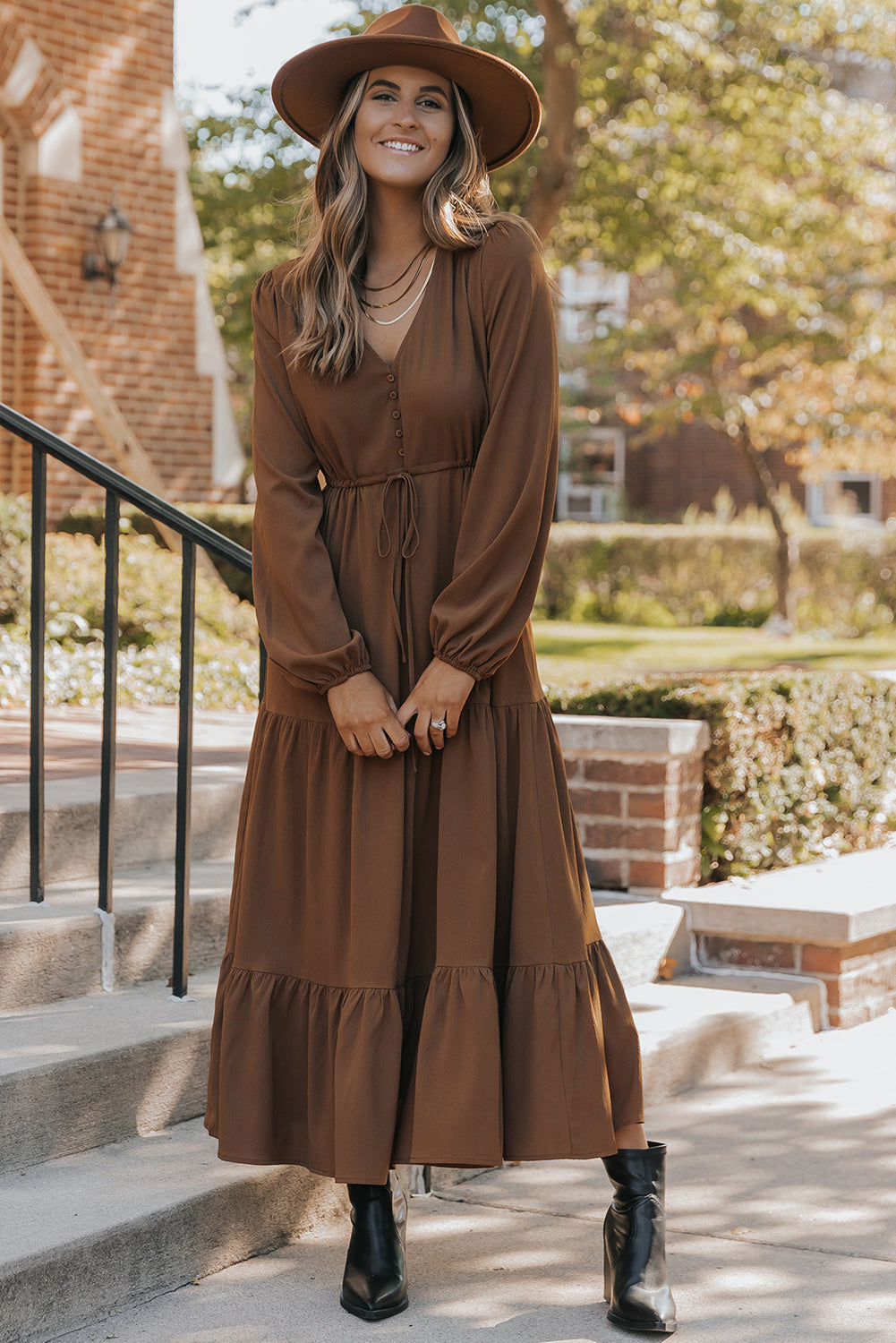 Chestnut Solid Long Sleeve Button V Neck Tiered Maxi Dress-Dresses/Maxi Dresses-[Adult]-[Female]-2022 Online Blue Zone Planet
