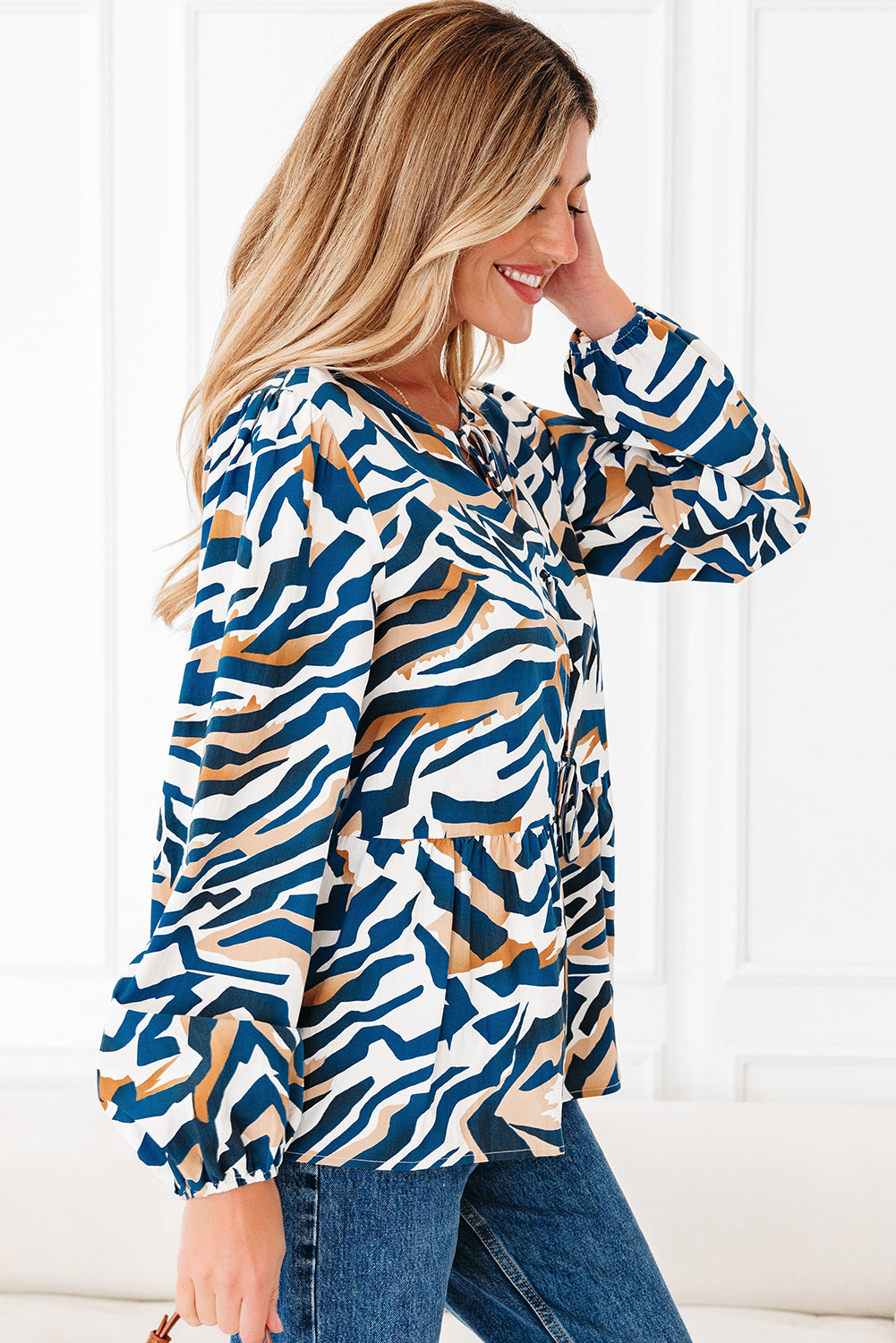 Blue Zebra Print Tied Front Puff Sleeve Top-Tops/Blouses & Shirts-[Adult]-[Female]-2022 Online Blue Zone Planet