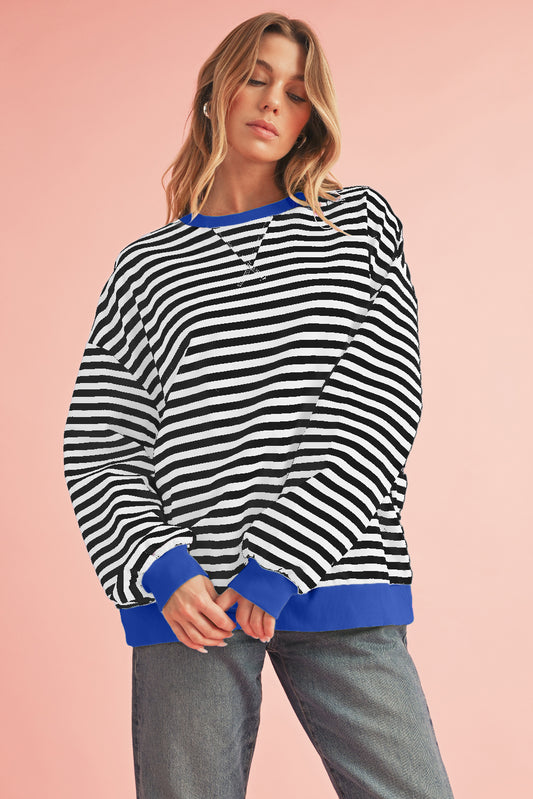 Black Stripe Contrast Edge Cross Seam Oversized Sweatshirt-Sweatshirts & Hoodies-[Adult]-[Female]-Black Stripe-S-2022 Online Blue Zone Planet