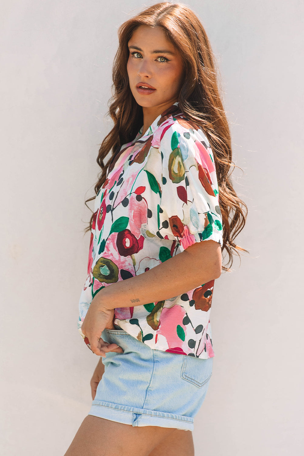 Pink Floral Print Slit V Neck Short Sleeve Blouse-Tops/Blouses & Shirts-[Adult]-[Female]-2022 Online Blue Zone Planet