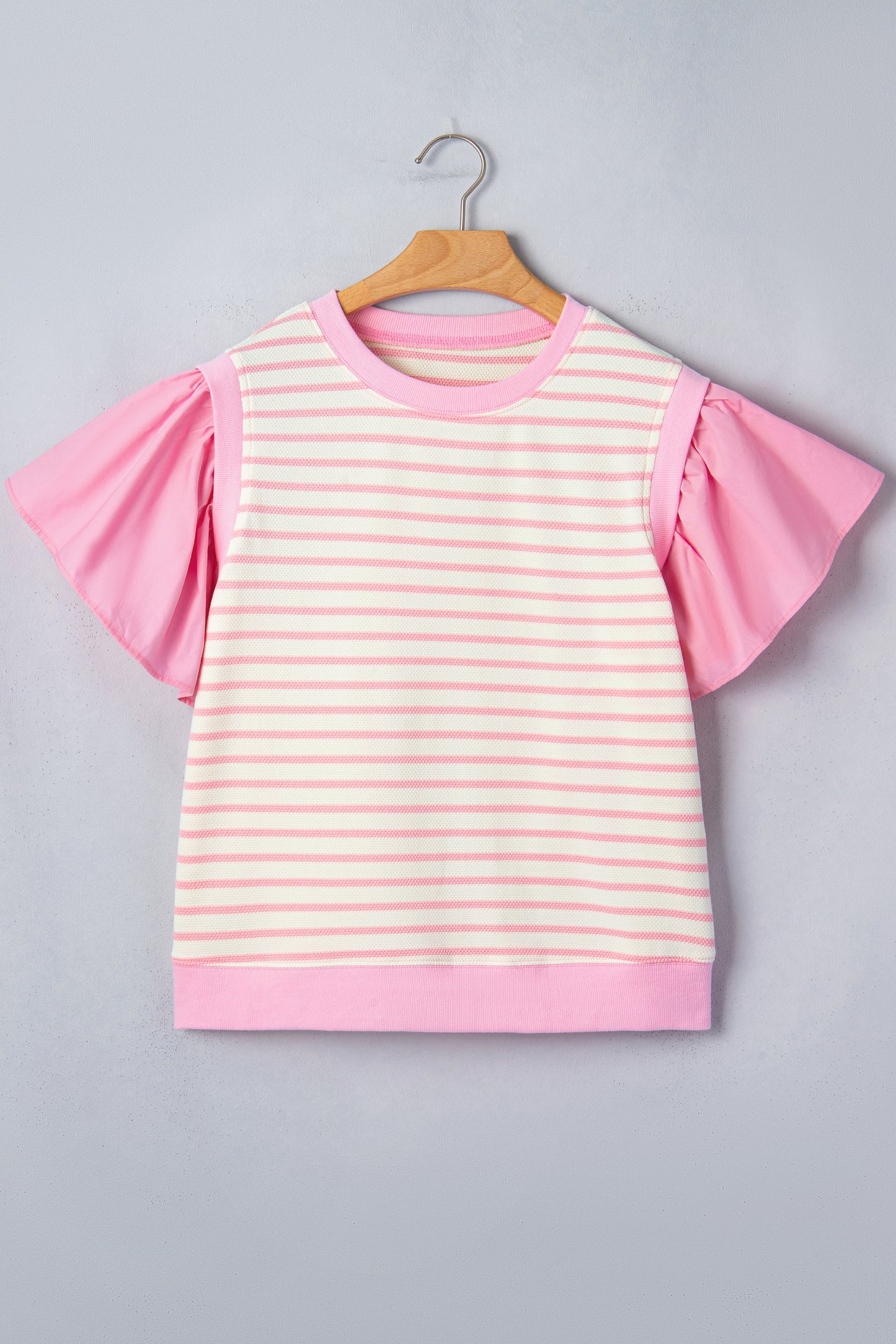 Pink Stripe Ruffled Short Sleeve Patchwork Blouse-Tops/Blouses & Shirts-[Adult]-[Female]-2022 Online Blue Zone Planet