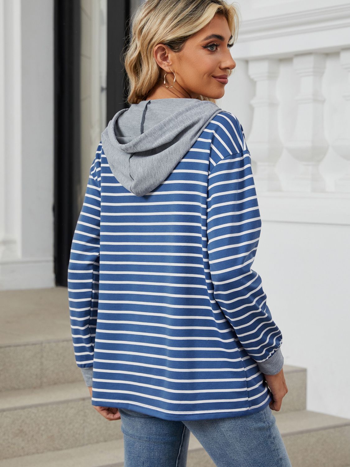 Drawstring Striped Long Sleeve Hoodie-HOODIES-[Adult]-[Female]-2022 Online Blue Zone Planet