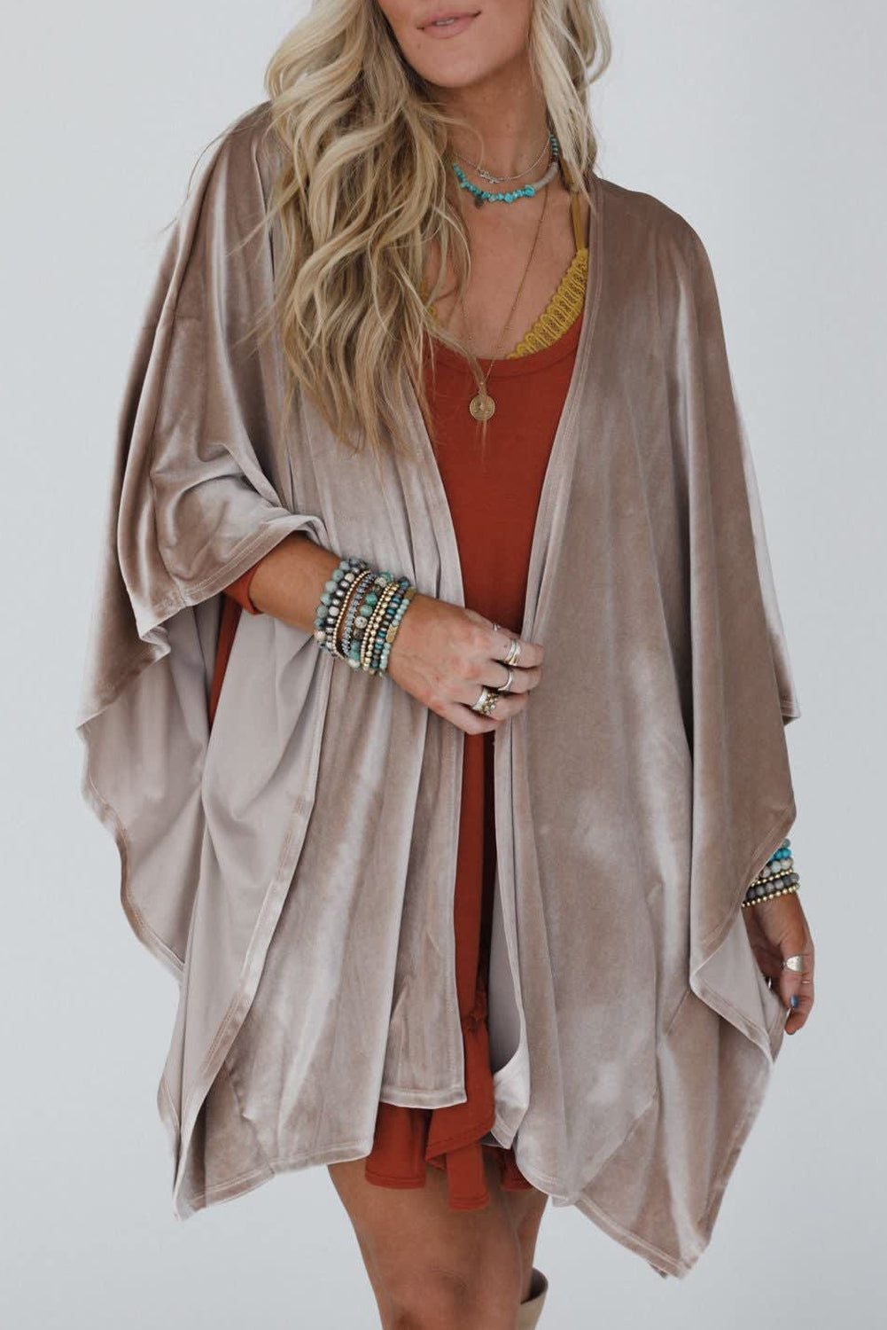 Smoke Gray 3/4 Sleeve Open Front Velvet Kimono-Outerwear/Kimonos-[Adult]-[Female]-Smoke Gray-S-2022 Online Blue Zone Planet