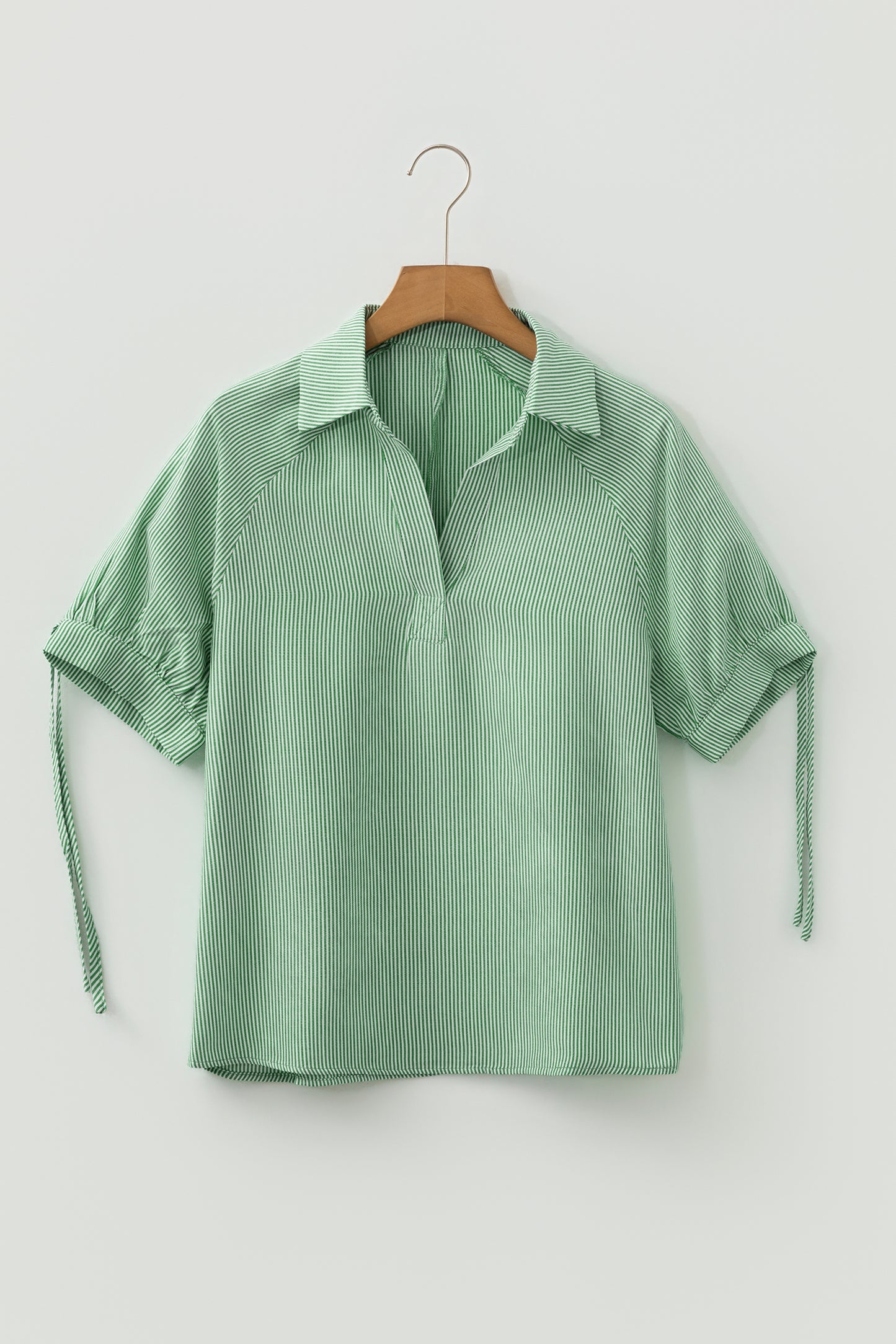 Mint Green Striped Print Collared Split Neck Half Sleeve Blouse-Tops/Blouses & Shirts-[Adult]-[Female]-2022 Online Blue Zone Planet