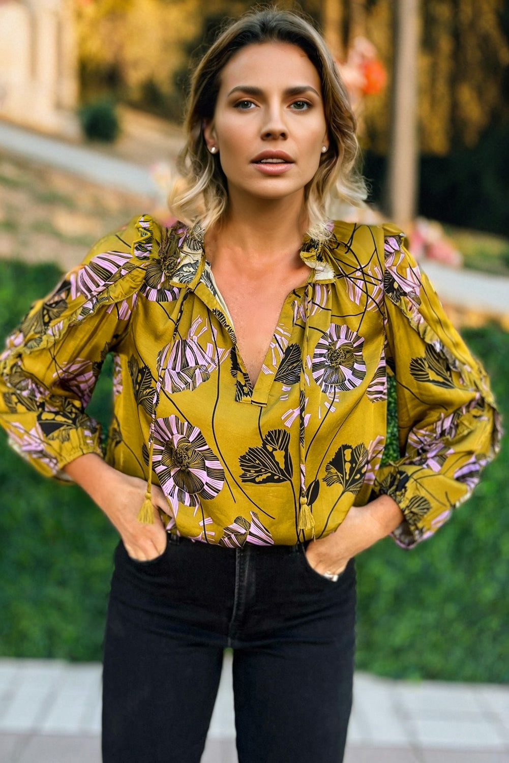 Yellow Vintage Floral V Neck Ruffle Trim Long Sleeve Blouse-Tops/Blouses & Shirts-[Adult]-[Female]-2022 Online Blue Zone Planet