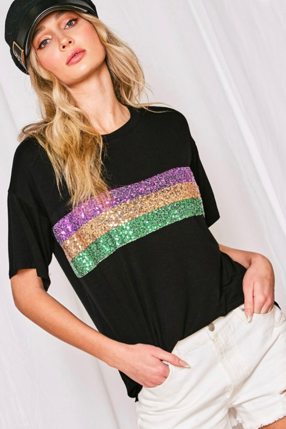 Black Sequin Stripes Patchwork Mardi Gras Crew Neck T Shirt-Tops/Tops & Tees-[Adult]-[Female]-2022 Online Blue Zone Planet