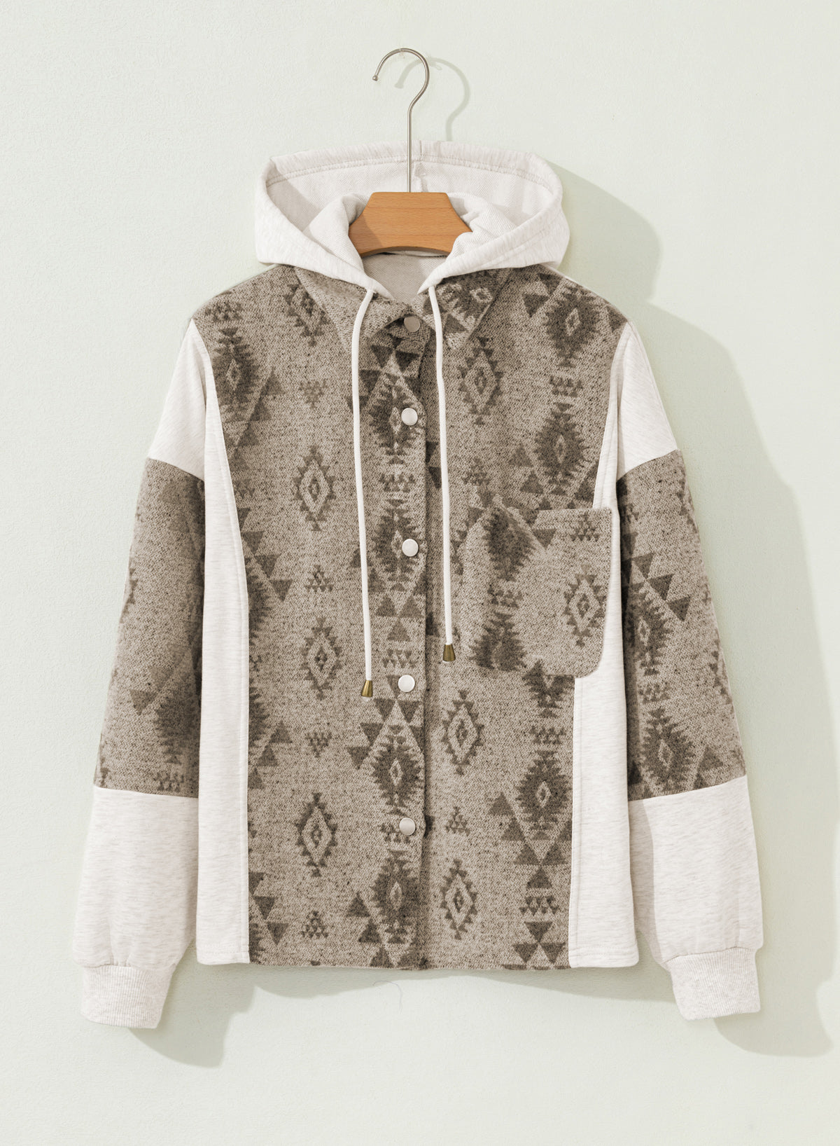Gray Western Aztec Print Color Block Patchwork Drawstring Hooded Shacket-Tops / Dresses-[Adult]-[Female]-2022 Online Blue Zone Planet