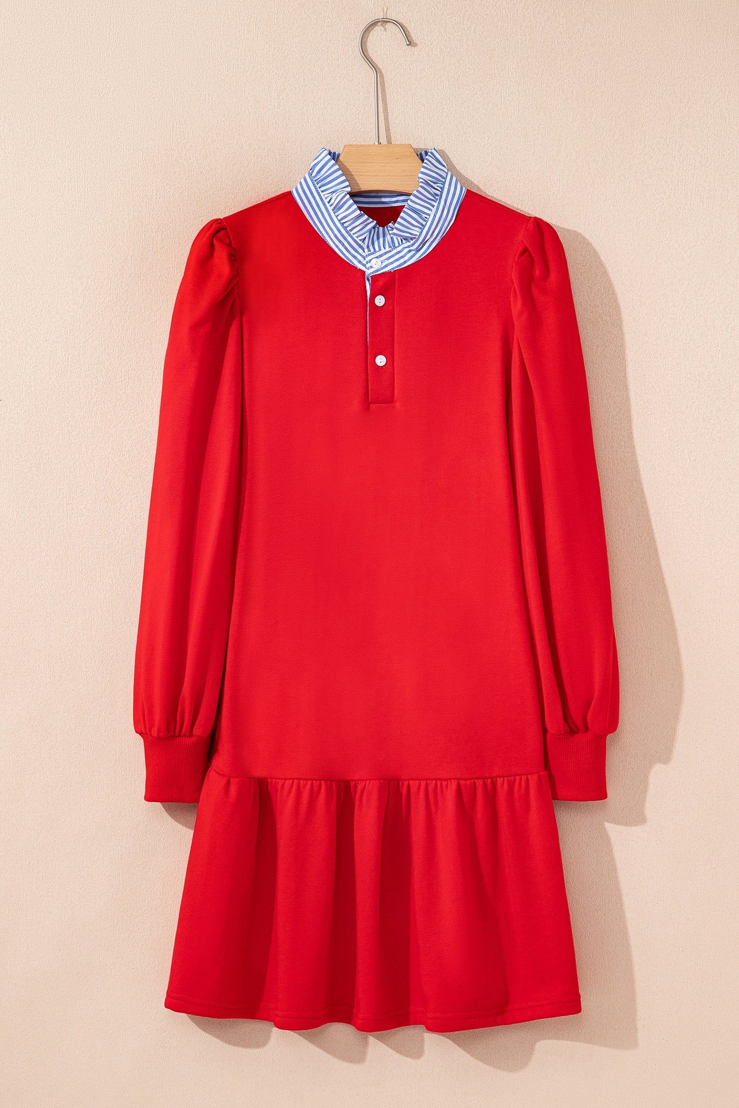 Fiery Red Contrast Striped Collar Patchwork Puff Sleeve Ruffle Hem Mini Dress-TOPS / DRESSES-[Adult]-[Female]-2022 Online Blue Zone Planet