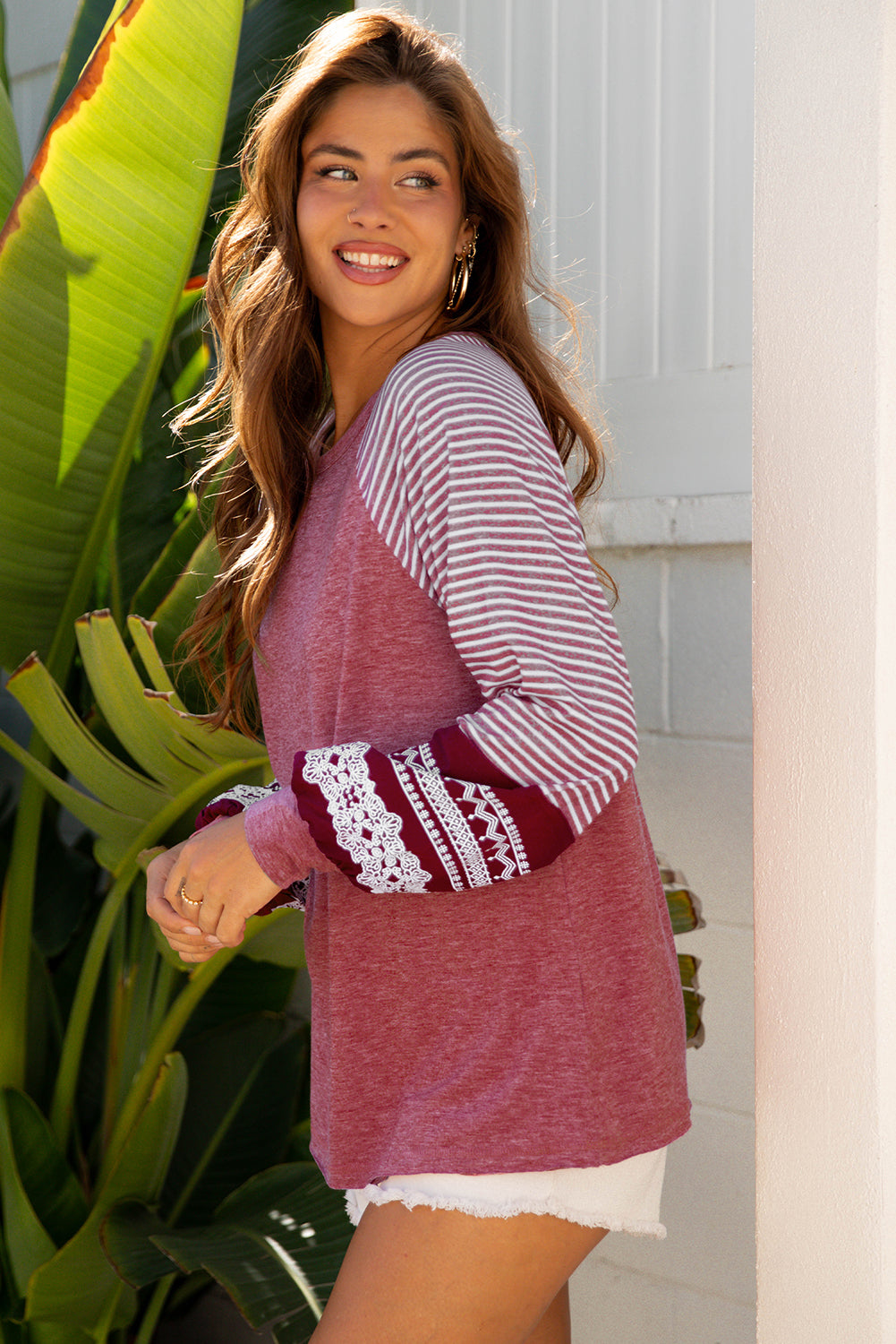 Mineral Red Contrast Print Striped Raglan Long Sleeve Loose Top-Tops/Long Sleeve Tops-[Adult]-[Female]-2022 Online Blue Zone Planet