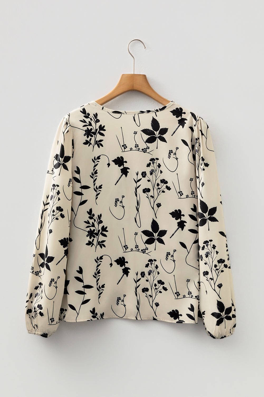Khaki Botanical Floral Print Split Neck Long Sleeve Blouse-Tops/Blouses & Shirts-[Adult]-[Female]-2022 Online Blue Zone Planet