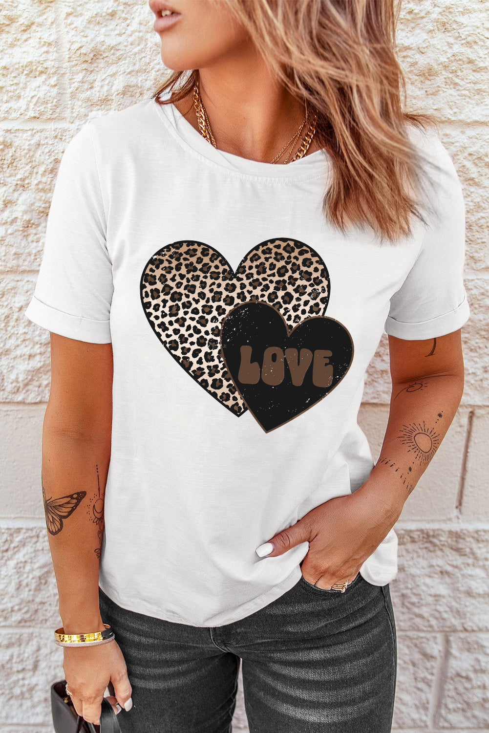 White Leopard Love Double Heart Printed Valentines Graphic Tee-Graphic/Graphic Tees-[Adult]-[Female]-2022 Online Blue Zone Planet