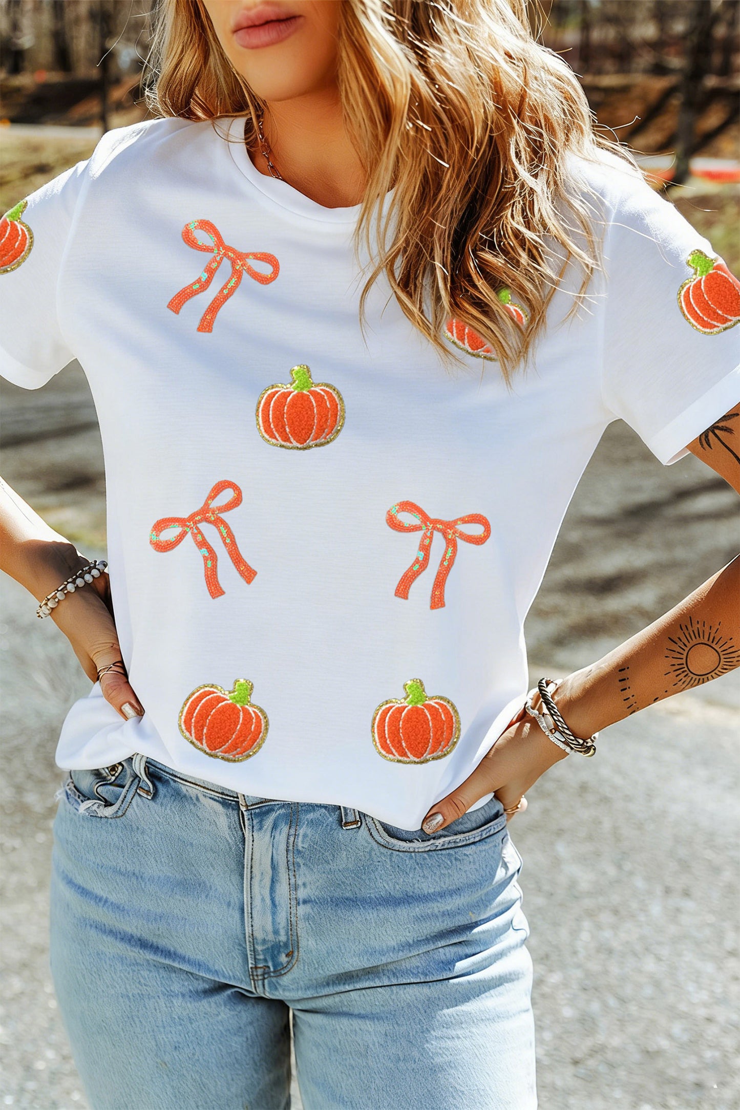 White Sequin Chenille Pumpkin Bow Pattern Casual Short T Shirt-Graphic/Graphic Tees-[Adult]-[Female]-2022 Online Blue Zone Planet