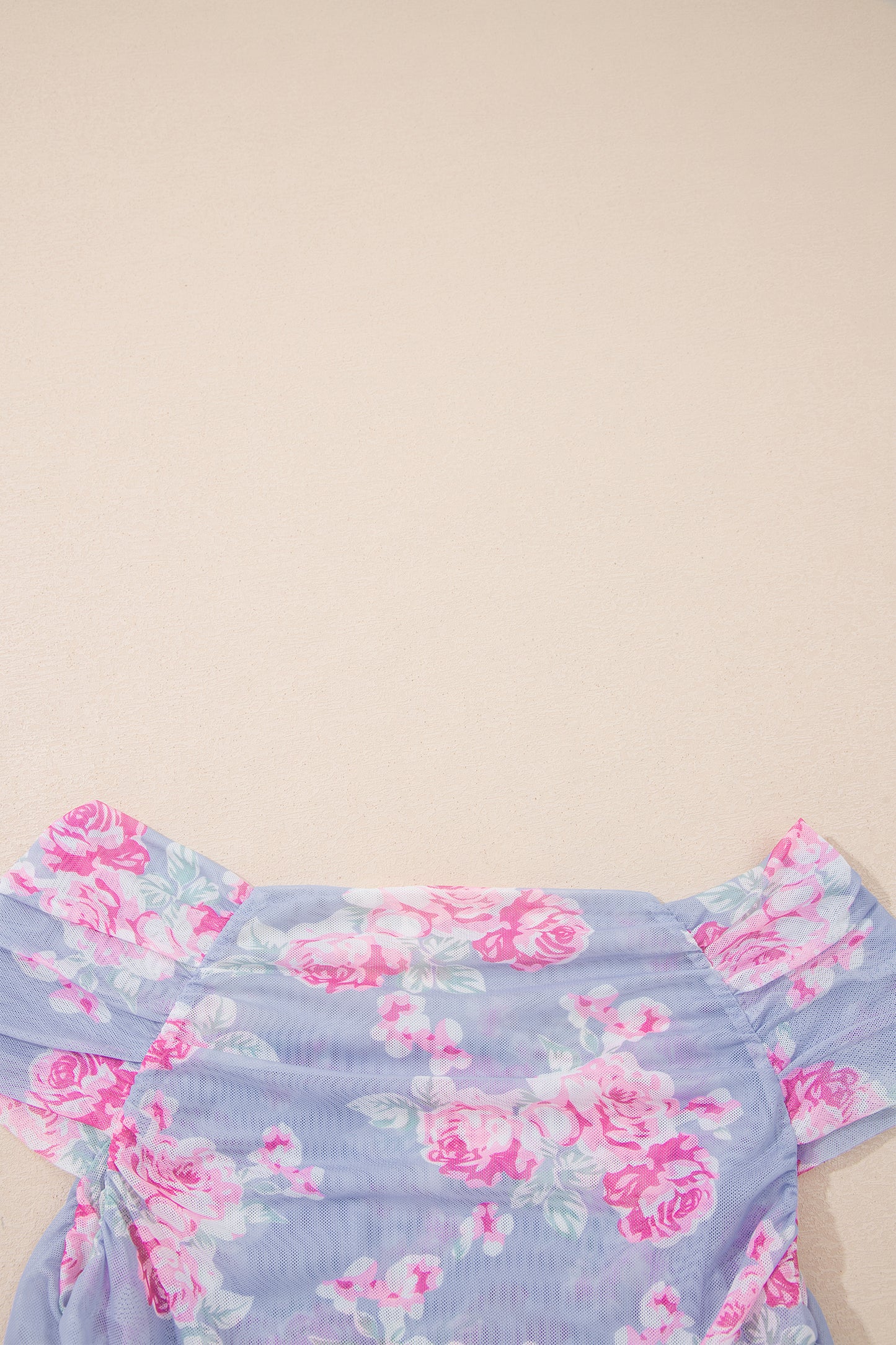 Sky Blue Square Neck Cap Sleeve Ruched Floral Mesh Top-Tops/Tops & Tees-[Adult]-[Female]-2022 Online Blue Zone Planet