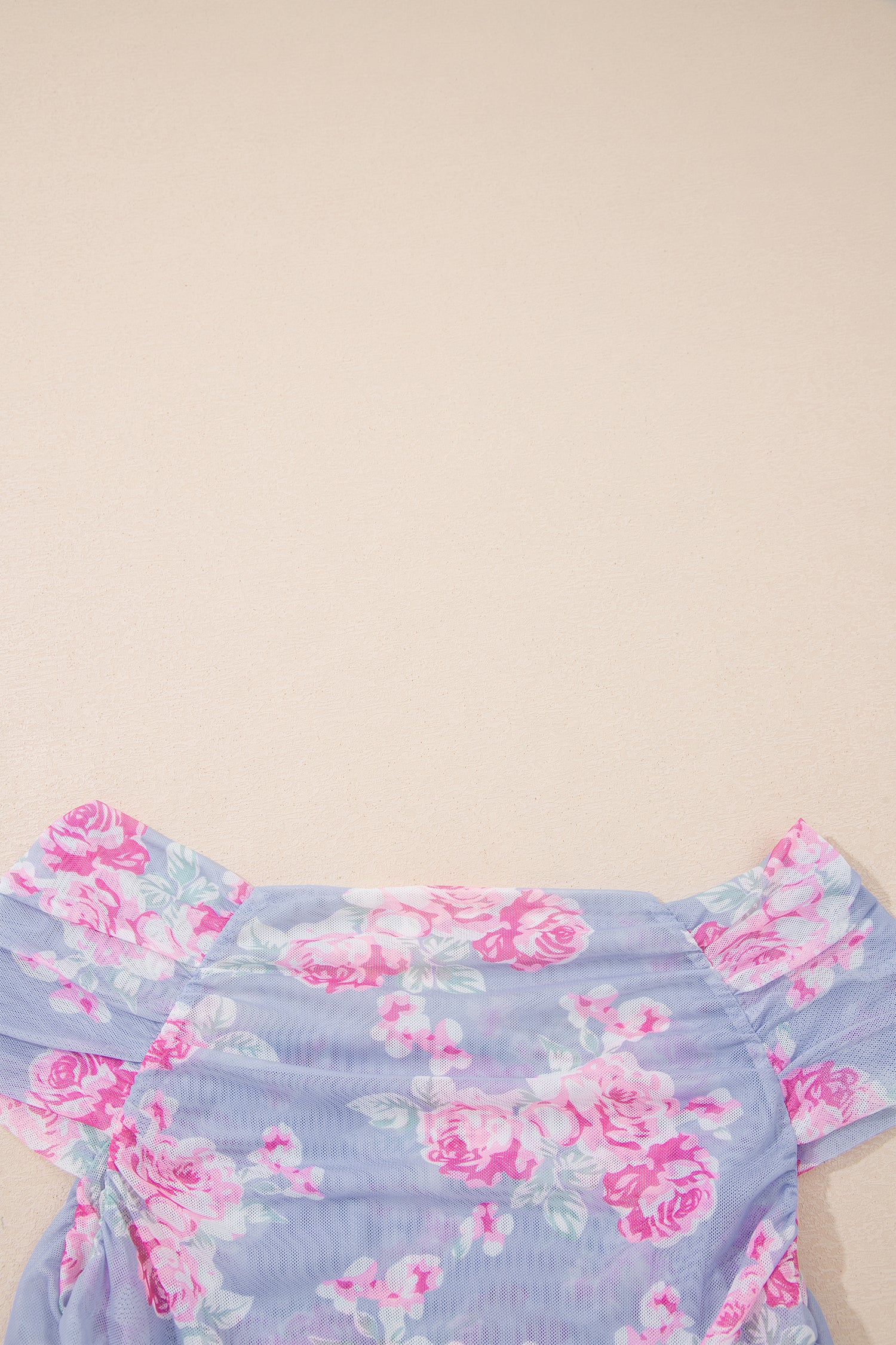 Sky Blue Square Neck Cap Sleeve Ruched Floral Mesh Top-Tops/Tops & Tees-[Adult]-[Female]-2022 Online Blue Zone Planet