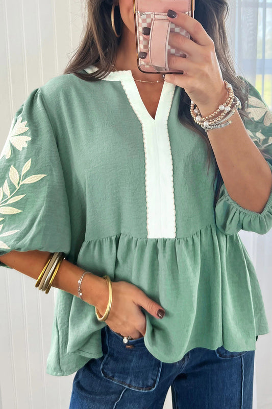 Smoke Green Color Block Patchwork V Neck Embroidered Puff Sleeve Babydoll Blouse-Tops/Blouses & Shirts-[Adult]-[Female]-Smoke Green-S-2022 Online Blue Zone Planet