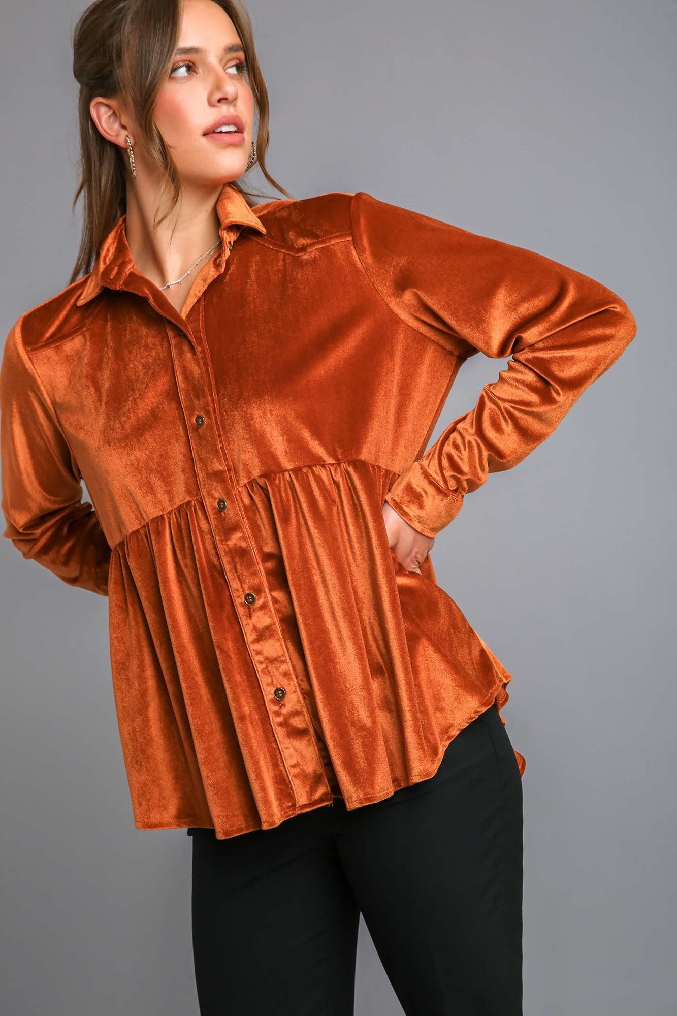 Umgee Peplum Button Up Long Sleeve Shirt-TOPS / DRESSES-[Adult]-[Female]-Orange-S-2022 Online Blue Zone Planet