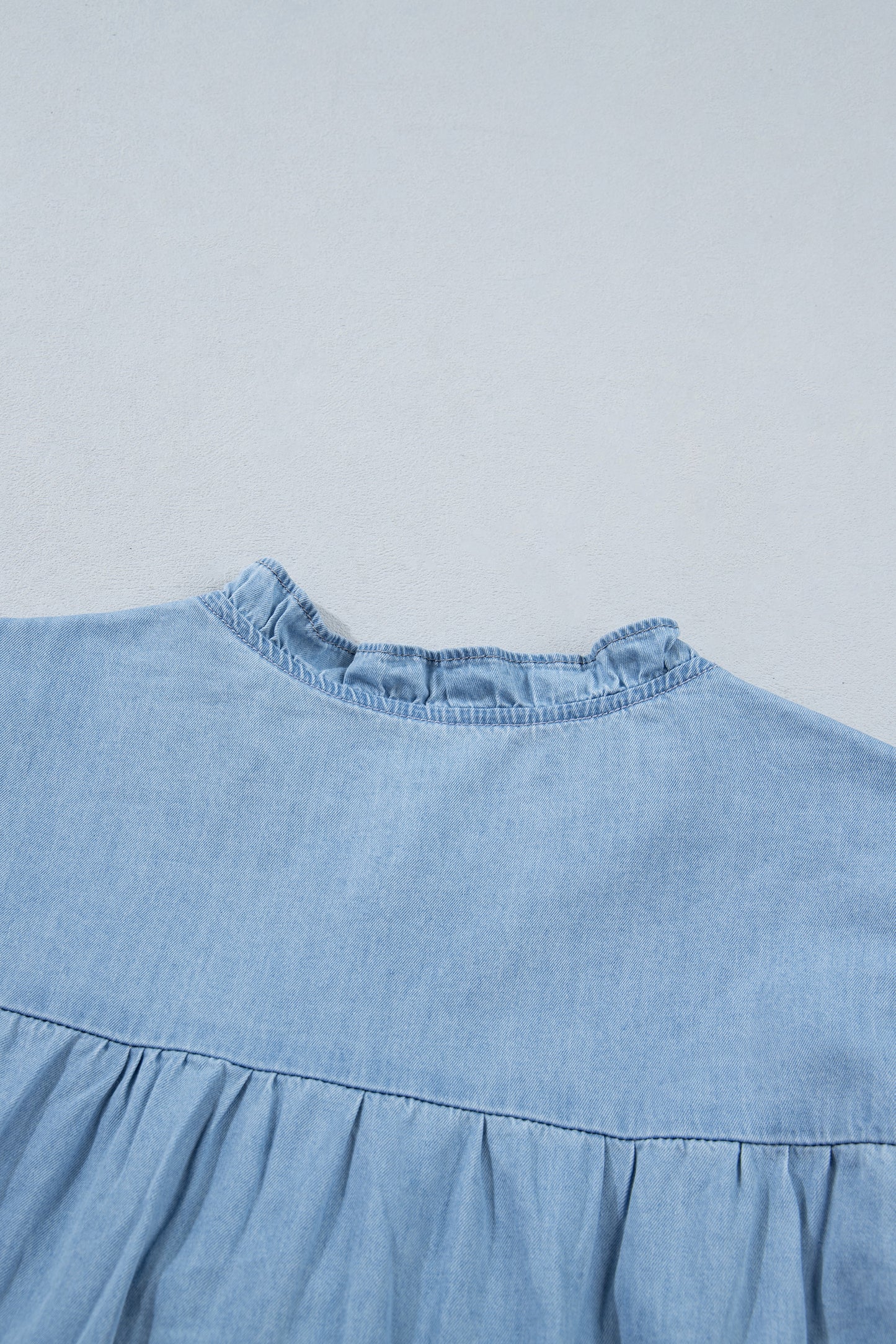 Beau Blue Western Ruffle V Neck Long Sleeve Chambray Blouse-Tops/Blouses & Shirts-[Adult]-[Female]-2022 Online Blue Zone Planet