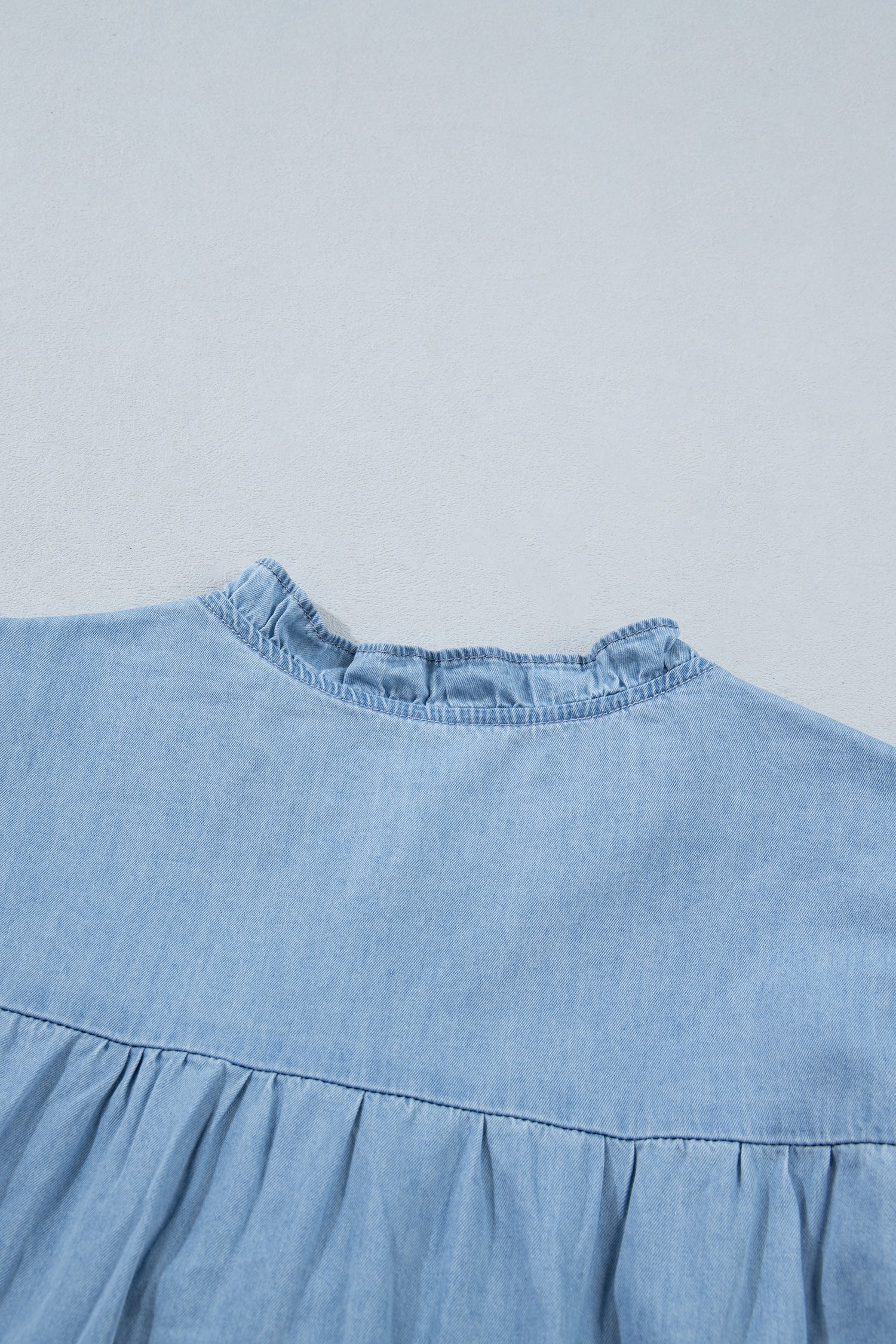Beau Blue Western Ruffle V Neck Long Sleeve Chambray Blouse-Tops/Blouses & Shirts-[Adult]-[Female]-2022 Online Blue Zone Planet